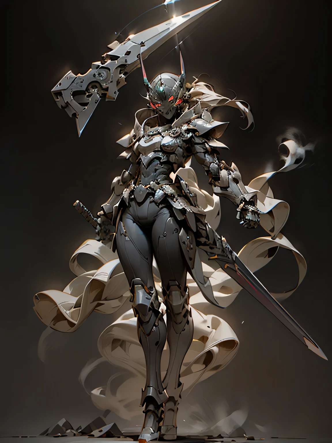 Back of a girl holding a riding gun and wearing armor, back view, holding a riding gun, partially nude, asymmetrical, original art setting, half-body leather armor, character design, concept design, riding gun, metal armor, intricate pattern decoration, white background,