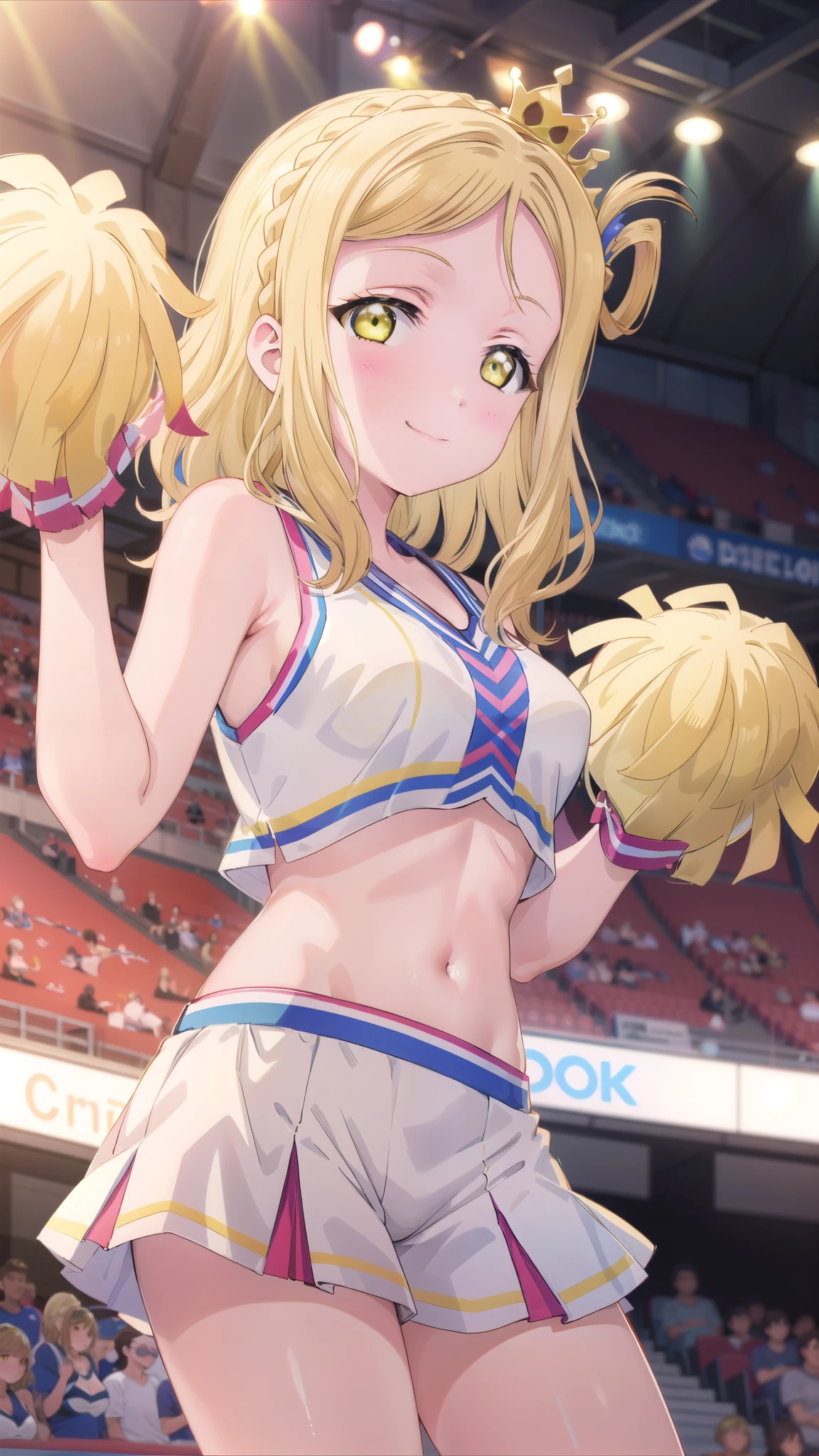 masterpiece, Best Quality, ( 1 girl:1.2), Alone, medium breasts, Mari Ohara, Hair ring, Blonde, Yellow Eyes, crown braid,  medium hair with bra off, Cheerleader、support、Sports Venues、smile、fine、Raising his right hand