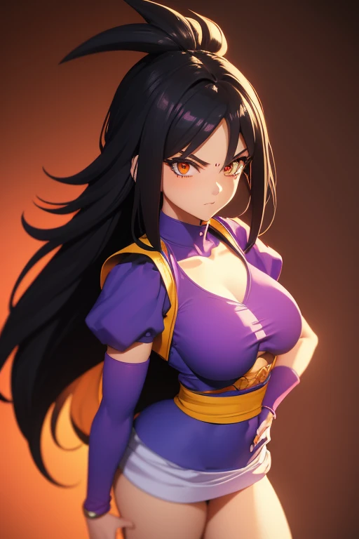 Woman dragon ball, purple gloves, long black spiky hair, Saiyan, black hair, saiyan uniform, dbz, dragon ball, raditz,