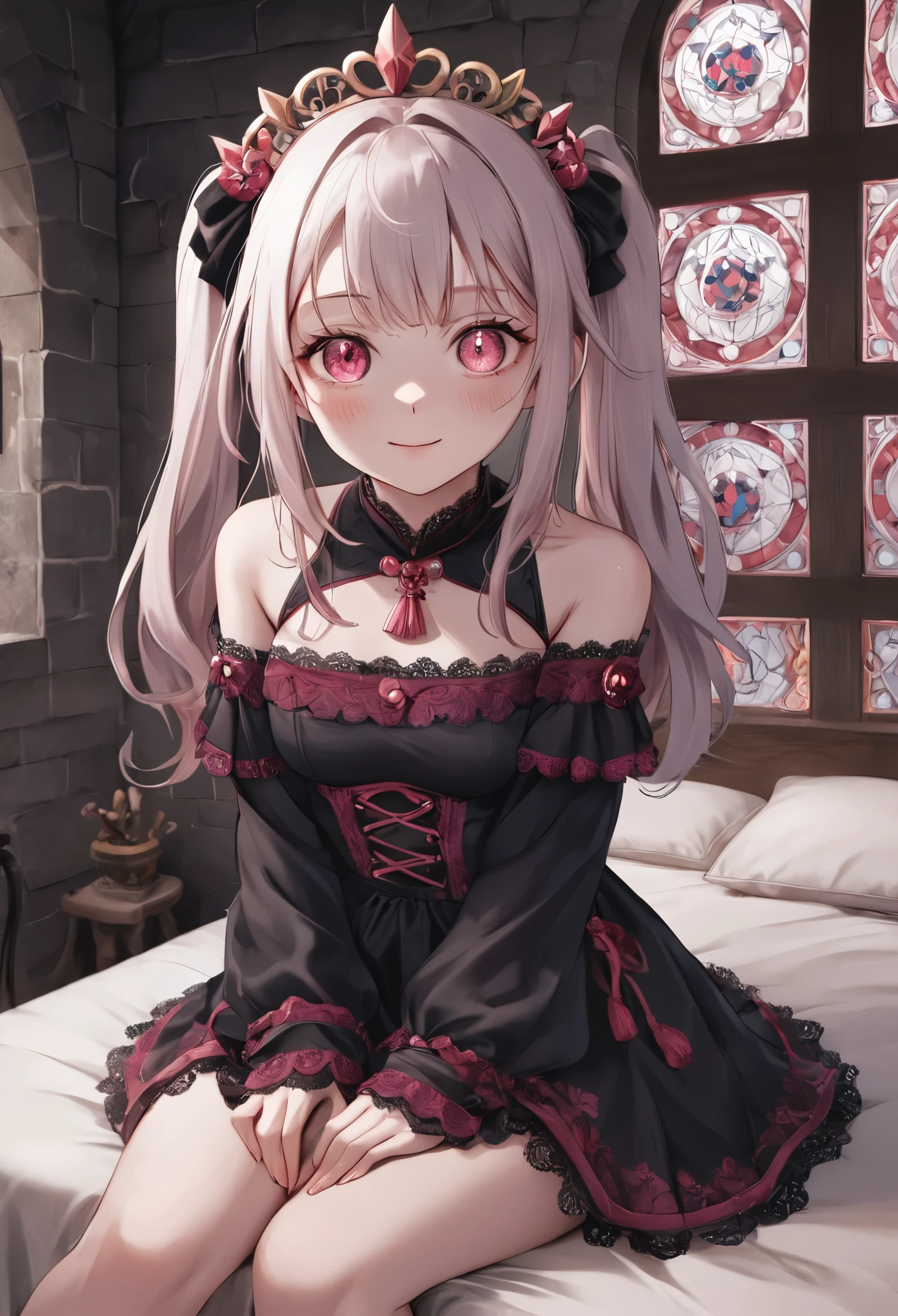 ground shot,A girl dressed in **Jiraikei** fashion sits atop a grand, medieval bed in a dimly lit, ominous castle. Her legs are crossed confidently, and she wears a dark lace dress adorned with pastel pink accents. Her blonde twin tails tied with black ribbons gently fall over her shoulders as she looks down at the viewer with a smug, superior expression, her red eyes glowing in the gloom. The bed is ornately carved from dark wood, with velvet drapes framing it. The stone walls of the castle are adorned with faded tapestries, and the distant sound of thunder echoes through the grand hall. Shadows twist and dance across the room, giving an overwhelming sense of dread. This **full body, wide shot** captures the full scene of her relaxed posture against the backdrop of a decaying yet majestic medieval setting. **Jiraikei, full body, wide shot, dark medieval castle, foreboding atmosphere, crossed legs**.