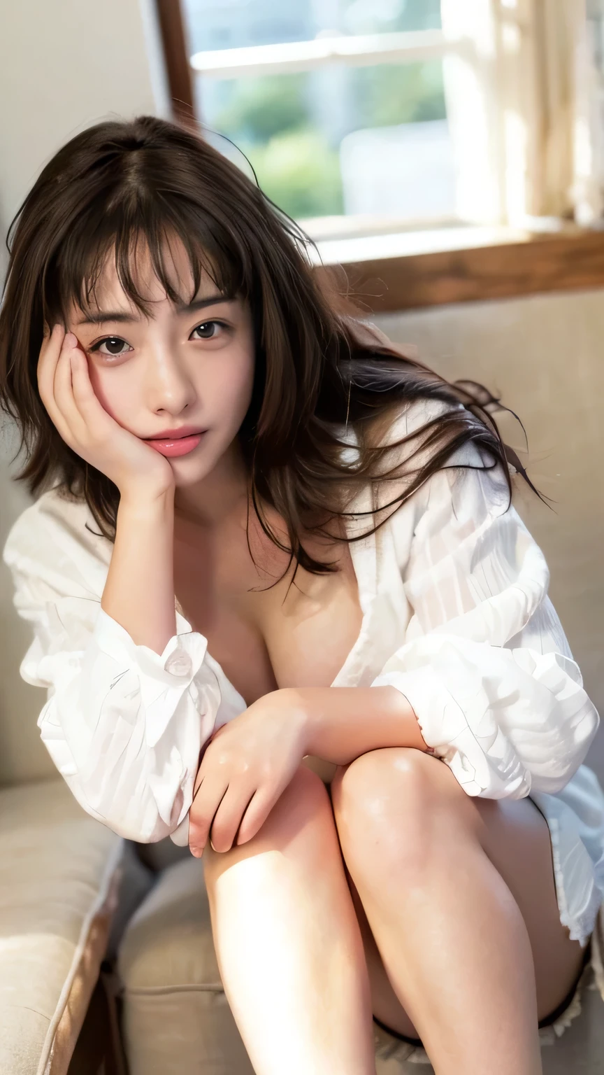 masterpiece, Best Quality, 8k,Ultra-high resolution、(((Photo of head on knees)))、LD, Large Breasts, cute, Alone, smile、 cute, , cute、Delicate girl, Pure beauty,  RAW Photos,  Professional Photo, Soft light,  Professional Writing, Backlight,   and look at the camera, Sophisticated,  film grain , ( Eye and Face Details:1.0), Floating Hair、Messy Hair、 Long Wavy Hair 、, asymmetrical bang , Round face、Young Face、(Large Breasts:1.4)、 I can see her cleavage 、 I can clearly see the protrusions on my nipples:1.6、(((lightweight white blouse)))、Voluptuous thighs、 translucent white skin 、Dolly Make、(Heterochromia iridis、Different eye colors)、Grab my penis:1.8