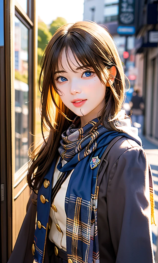 (masterpiece),(Best Quality:1.2),One Girl,(Masseter region:1.3), Exquisite Details, Best Qualityの8K解像度, Super detailed, Realistic, Vibrant colors, Soft tone, Warm and gentle lighting,(Beautiful checked scarf:1.3)(Brown long coat:1.2) evening,Big Sunset,( smooth straight blonde hair :1.2),(Hair parted in the middle:1.3),(Shiny Hair),(Dark blue eyes:1.3),White skin, Hair Clip,clock,Overflowing with gentle and gentle emotions ,(The promenade is full of flowers),Sunshine,Warm golden glow,Happiness and laughter,Super detailedな描写とVibrant colorsにこだわって.  A style that combines romanticism and realism、Depth of Love,Color Palette,And the lighting is soft and diffused.., Give your face a gentle light,This work is a masterpiece,