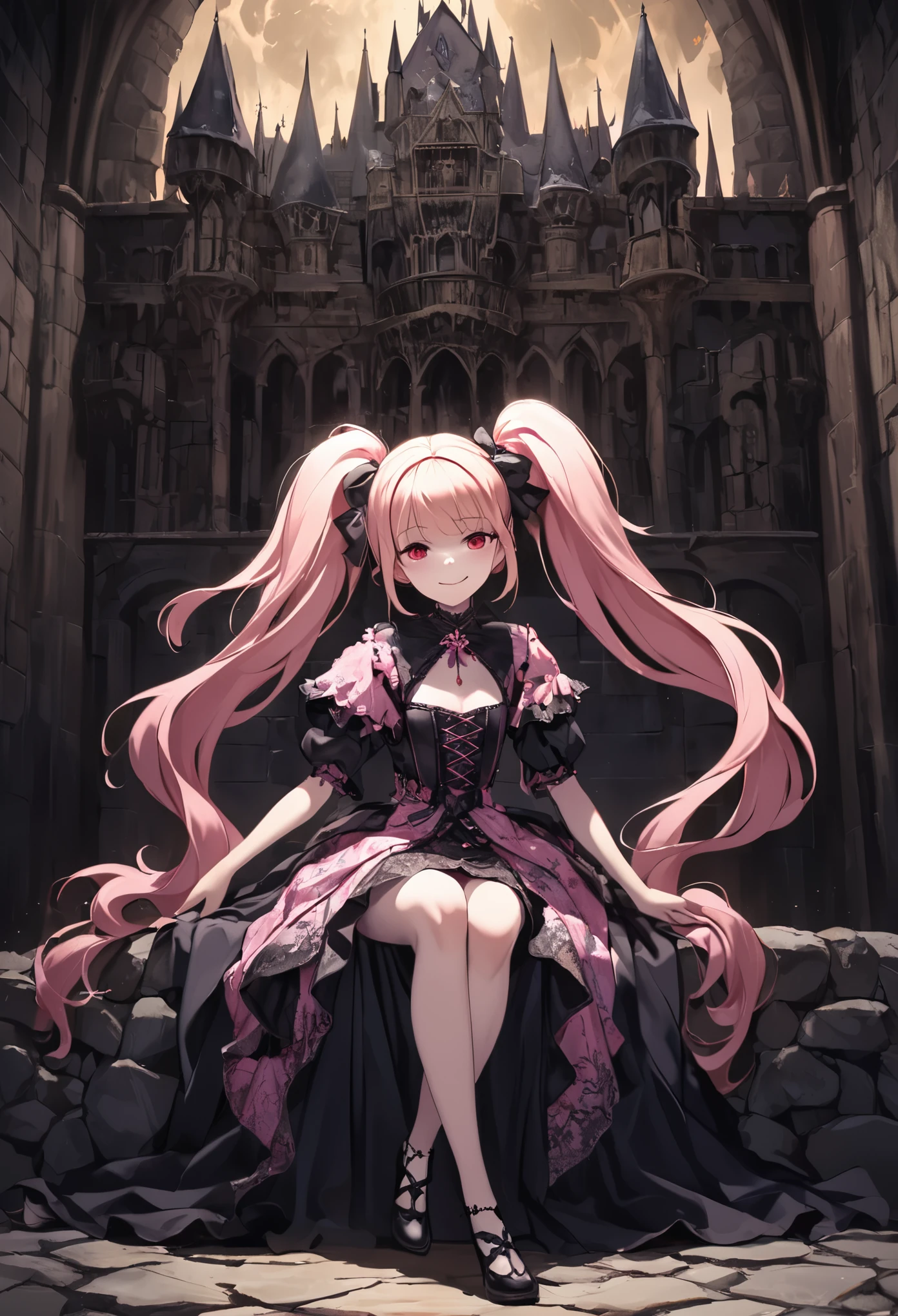 A girl dressed in **Jiraikei** fashion sits atop a grand, medieval bed in a dimly lit, ominous castle. Her legs are crossed confidently, and she wears a dark lace dress adorned with pastel pink accents. Her blonde twin tails tied with black ribbons gently fall over her shoulders as she looks down at the viewer with a smug, superior expression, her red eyes glowing in the gloom. The bed is ornately carved from dark wood, with velvet drapes framing it. The stone walls of the castle are adorned with faded tapestries, and the distant sound of thunder echoes through the grand hall. Shadows twist and dance across the room, giving an overwhelming sense of dread. This **full body, wide shot** captures the full scene of her relaxed posture against the backdrop of a decaying yet majestic medieval setting. **Jiraikei, full body, wide shot, dark medieval castle, foreboding atmosphere, crossed legs**.