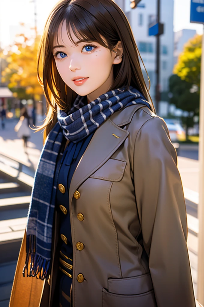 (masterpiece),(Best Quality:1.2),One Girl,(Masseter region:1.3), Exquisite Details, Best Qualityの8K解像度, Super detailed, Realistic, Vibrant colors, Soft tone, Warm and gentle lighting,(Beautiful checked scarf:1.3)(Brown long coat:1.2) evening,Big Sunset,( smooth straight blonde hair :1.2),(Hair parted in the middle:1.3),(Shiny Hair),(Dark blue eyes:1.3),White skin, Hair Clip,clock,Overflowing with gentle and gentle emotions ,(The promenade is full of flowers),Sunshine,Warm golden glow,Happiness and laughter,Super detailedな描写とVibrant colorsにこだわって.  A style that combines romanticism and realism、Depth of Love,Color Palette,And the lighting is soft and diffused.., Give your face a gentle light,This work is a masterpiece,