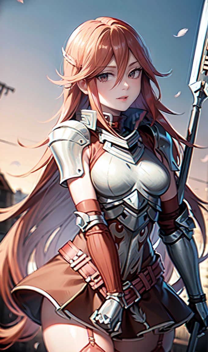 breastplate, elbow armor, both arms, two arms, perfect arms, 1girl, solo, red hair, armor, red skirt, long hair, messy hair, cordelia fe, breastplate, shouldera armor, arm armor, Redhead, Fire emblem, Gauntlet, belt, Garter Straps, Knee socks, thighs, japanese anime style, anime screencap, anime best girl, beautiful portrait of cute anime girls, red eyes, hair feather, smile, (((spear))), (((red eyes))), pauldrons, adult, adult face, fearless face, adult, 