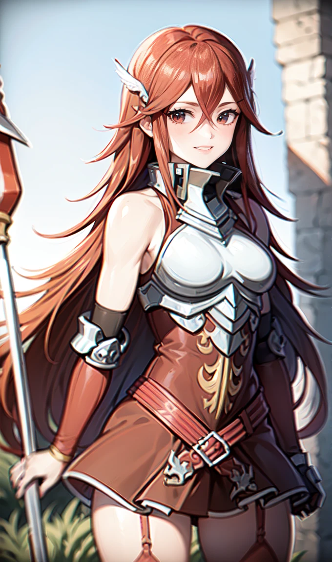 breastplate, elbow armor, both arms, two arms, perfect arms, 1girl, solo, red hair, armor, red skirt, long hair, messy hair, cordelia fe, breastplate, shouldera armor, arm armor, Redhead, Fire emblem, Gauntlet, belt, Garter Straps, Knee socks, thighs, japanese anime style, anime screencap, anime best girl, beautiful portrait of cute anime girls, red eyes, hair feather, smile, (((spear))), (((red eyes))), pauldrons, adult, adult face, fearless face, adult, 