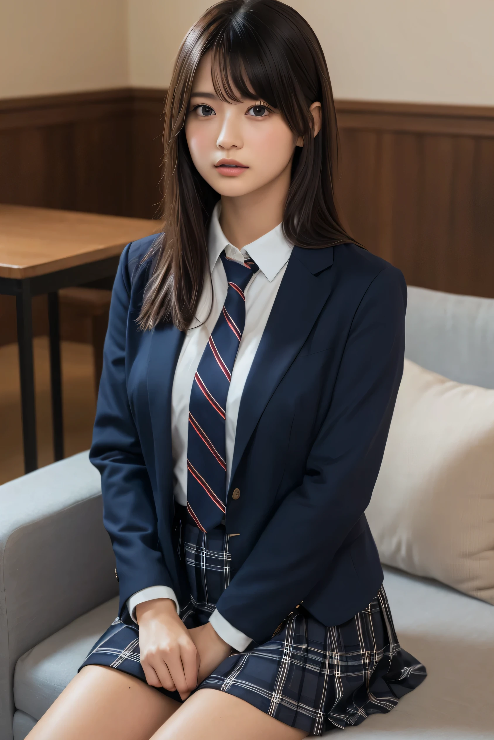 (8k, RAW Photos,Best Quality, High Resolution :1.1), (超Realisticな:1.4),(Realistic, Realistic:1.3),Japanese beauty 1 girl, Alone, necktie, spread legs, skirt, sitting, school uniform, looking at viewer, plaid, presenting, brown eyes, jacket, socks, striped, couch, striped necktie, shirt, skirt lift, lips, blue necktie, black hair, plaid skirt, clothes lift, white shirt, collared shirt, blazer, long sleeves, indoors, bangs, is, closed mouth, thighs, nose, blue jacket, brown hair, pleated skirt, blue skirt,(( upper body:1.3))