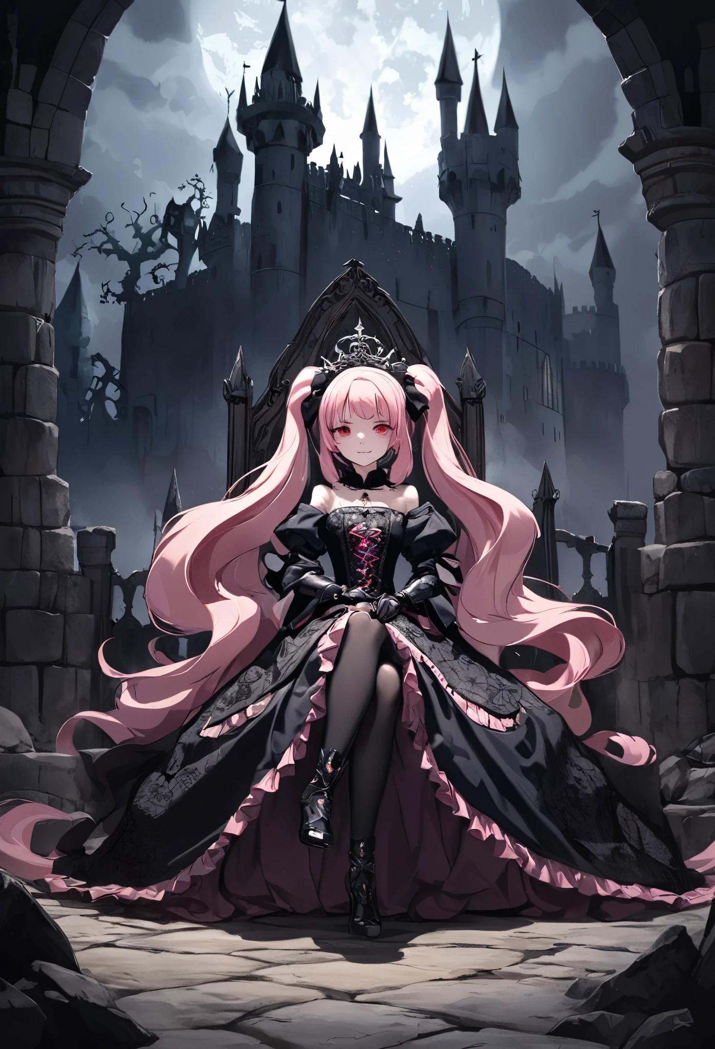 A girl dressed in **Jiraikei** fashion sits atop a grand, medieval bed in a dimly lit, ominous castle. Her legs are crossed confidently, and she wears a dark lace dress adorned with pastel pink accents. Her blonde twin tails tied with black ribbons gently fall over her shoulders as she looks down at the viewer with a smug, superior expression, her red eyes glowing in the gloom. The bed is ornately carved from dark wood, with velvet drapes framing it. The stone walls of the castle are adorned with faded tapestries, and the distant sound of thunder echoes through the grand hall. Shadows twist and dance across the room, giving an overwhelming sense of dread. This **full body, wide shot** captures the full scene of her relaxed posture against the backdrop of a decaying yet majestic medieval setting. **Jiraikei, full body, wide shot, dark medieval castle, foreboding atmosphere, crossed legs**.