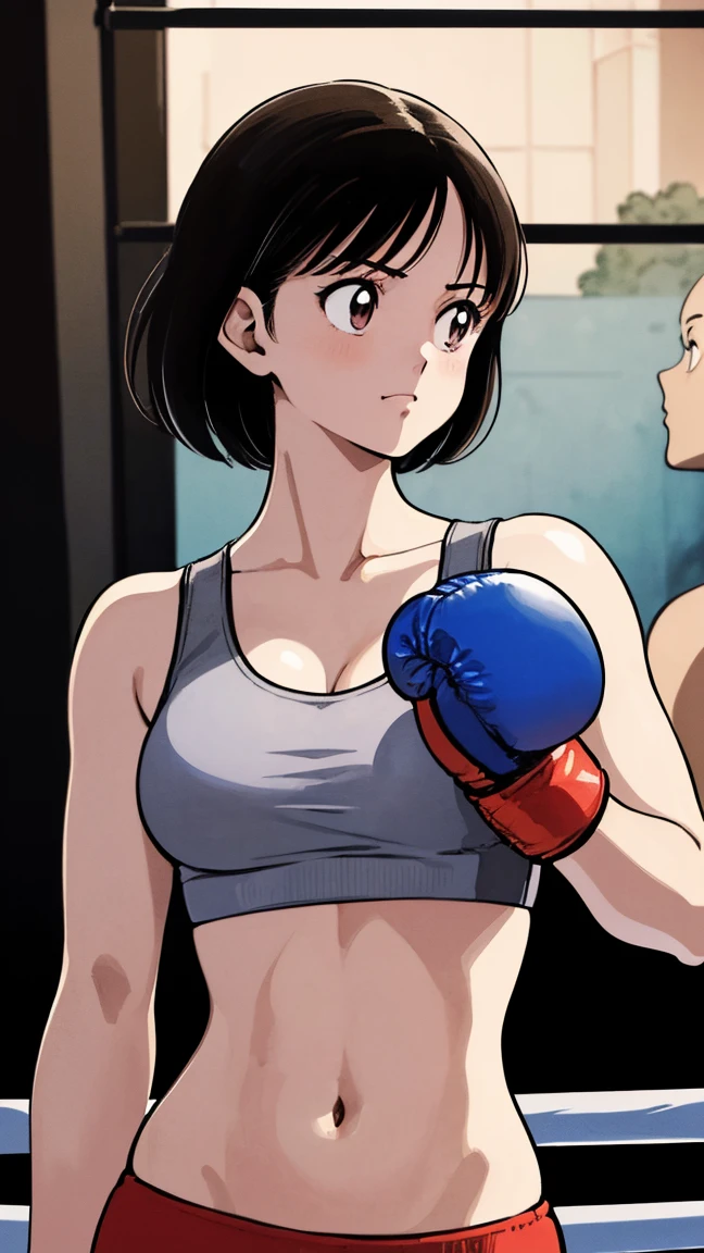 (((Full Body Shot、Female professional boxer、In the ring、       Boxing Gloves       、Slender body、 short hair、Big Breasts、Sports Bra)))、((Pencil drawing))、((Manga))、(masterpiece、top-quality)、Best Quality, masterpiece, 超A high res, (Realistic:1.4), ((masterpiece:1.4, Best Quality)), ((masterpiece, Best Quality)), (Manga style:1.4)、 (超A high res:1.2),  high res、flawless、masterpiece, Best Quality,            Soft Dim Lighting           , addition_detailed, Good lighting、A highly detaileded、((beautifull detaileded face))、( ((ultra-detailedliert )))、ns   、Side light、((Raising awareness 、 best to   write a professional photo on a boxing ring ))、Highly detaileded eyes、           perfect lighting 、(extremelydetailededCG:1.2)、(((masterpiece))), (1 personの少女)、(1 person)、           solo focus           、    、 beautiful girl with beautiful detaileds, Very cute, beautiful girl with beautiful detaileds,              write a professional photo on a boxing ring     , extremely detaileded eye and face, （ 人物の接写 ）、(Manga style:1.1)、Plain Bottom、(masterpiece、Best Quality:1.2)、((           facing front         :1.2))、With bangs、Young woman 、((            upper body  :1.2))、 short hair、    、 Outside、           Boxing Gloves           、Full Body Shot