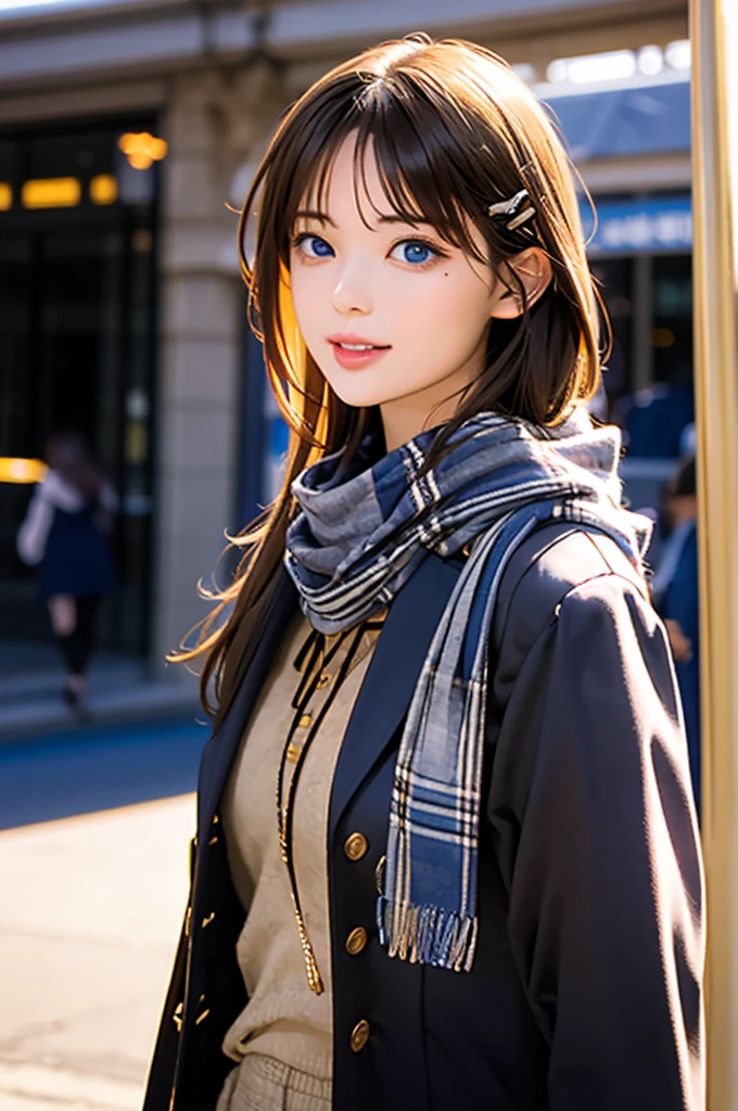 (masterpiece),(Best Quality:1.2),One Girl,(Masseter region:1.3), Exquisite Details, Best Qualityの8K解像度, Super detailed, Realistic, Vibrant colors, Soft tone, Warm and gentle lighting,(Beautiful checked scarf:1.3)(Brown long coat:1.2) evening,Big Sunset,( smooth straight blonde hair :1.2),(Hair parted in the middle:1.3),(Shiny Hair),(Dark blue eyes:1.3),White skin, Hair Clip,clock,Overflowing with gentle and gentle emotions ,(The promenade is full of flowers),Sunshine,Warm golden glow,Happiness and laughter,Super detailedな描写とVibrant colorsにこだわって.  A style that combines romanticism and realism、Depth of Love,Color Palette,And the lighting is soft and diffused.., Give your face a gentle light,This work is a masterpiece,