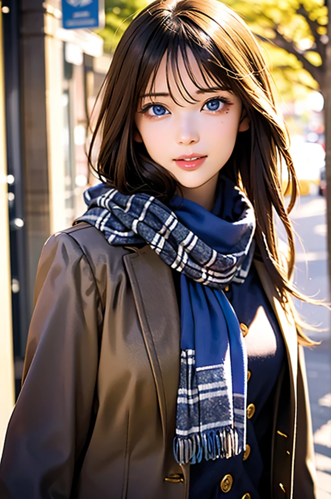 (masterpiece),(Best Quality:1.2),One Girl,(Masseter region:1.3), Exquisite Details, Best Qualityの8K解像度, Super detailed, Realistic, Vibrant colors, Soft tone, Warm and gentle lighting,(Beautiful checked scarf:1.3)(Brown long coat:1.2) evening,Big Sunset,( smooth straight blonde hair :1.2),(Hair parted in the middle:1.3),(Shiny Hair),(Dark blue eyes:1.3),White skin, Hair Clip,clock,Overflowing with gentle and gentle emotions ,(The promenade is full of flowers),Sunshine,Warm golden glow,Happiness and laughter,Super detailedな描写とVibrant colorsにこだわって.  A style that combines romanticism and realism、Depth of Love,Color Palette,And the lighting is soft and diffused.., Give your face a gentle light,This work is a masterpiece,