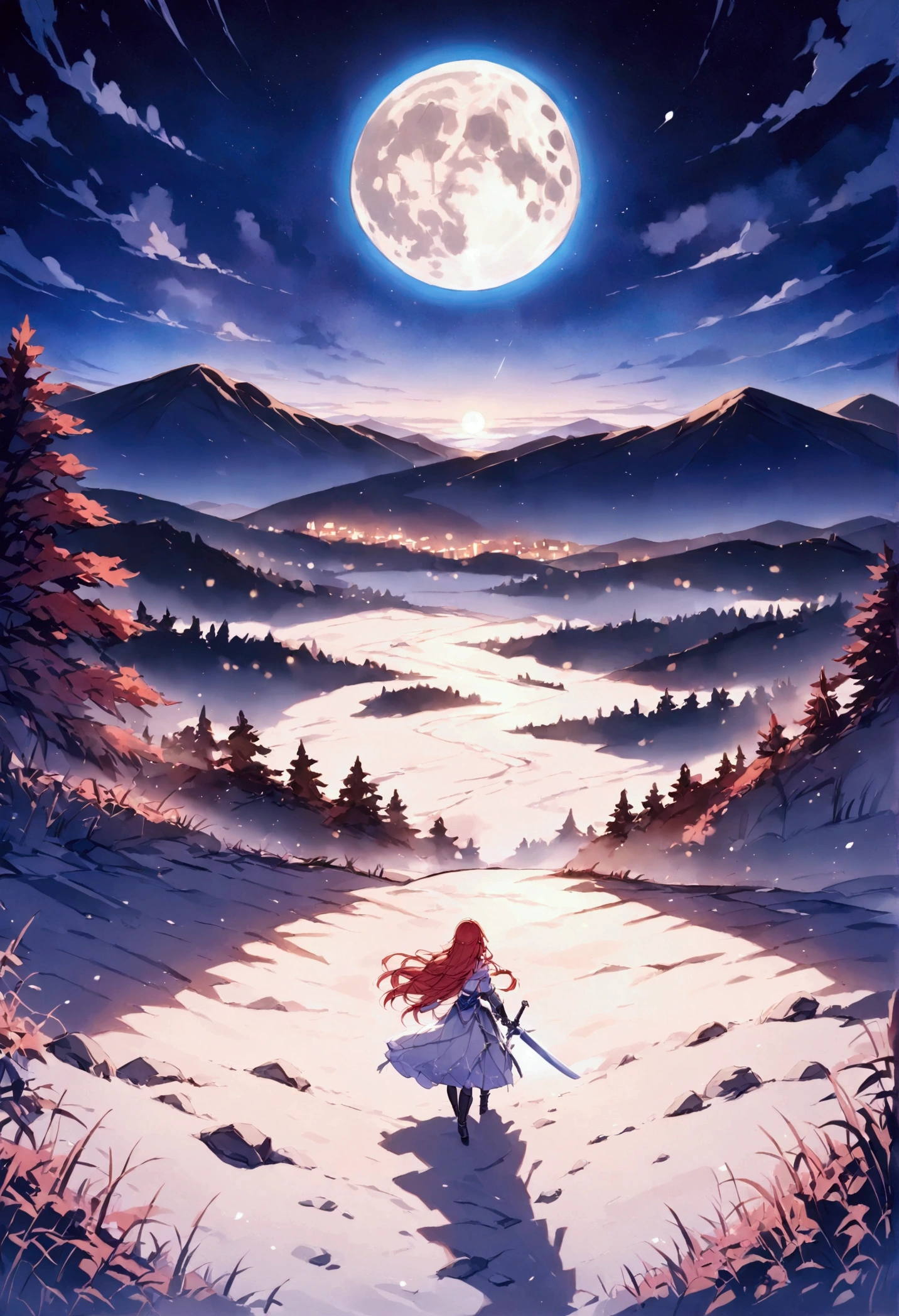 (masterpiece),(Best Quality), Staring at the Moon , Female Warrior, Red Hair, Long Hair, Rin々Shii, 美Shii鎧姿,  stabbing a large decorated sword into the ground,  putting my hand on the handle of the large sword ,  Final Fantasy , Vision, full moon,8k,  Detailed Costumes,  Moon in the Wilderness , Veteran Hero,  with a silver wolf next to it , Mountains,  it's illuminated by the moonlight, Far from the audience,Illustration from behind, Reward, Tragic, Aftermath,  Illustration Feeling the Wind , rpg,  Fantastic Scenery, beautifully detailed night sky, (watercolor|1.3)