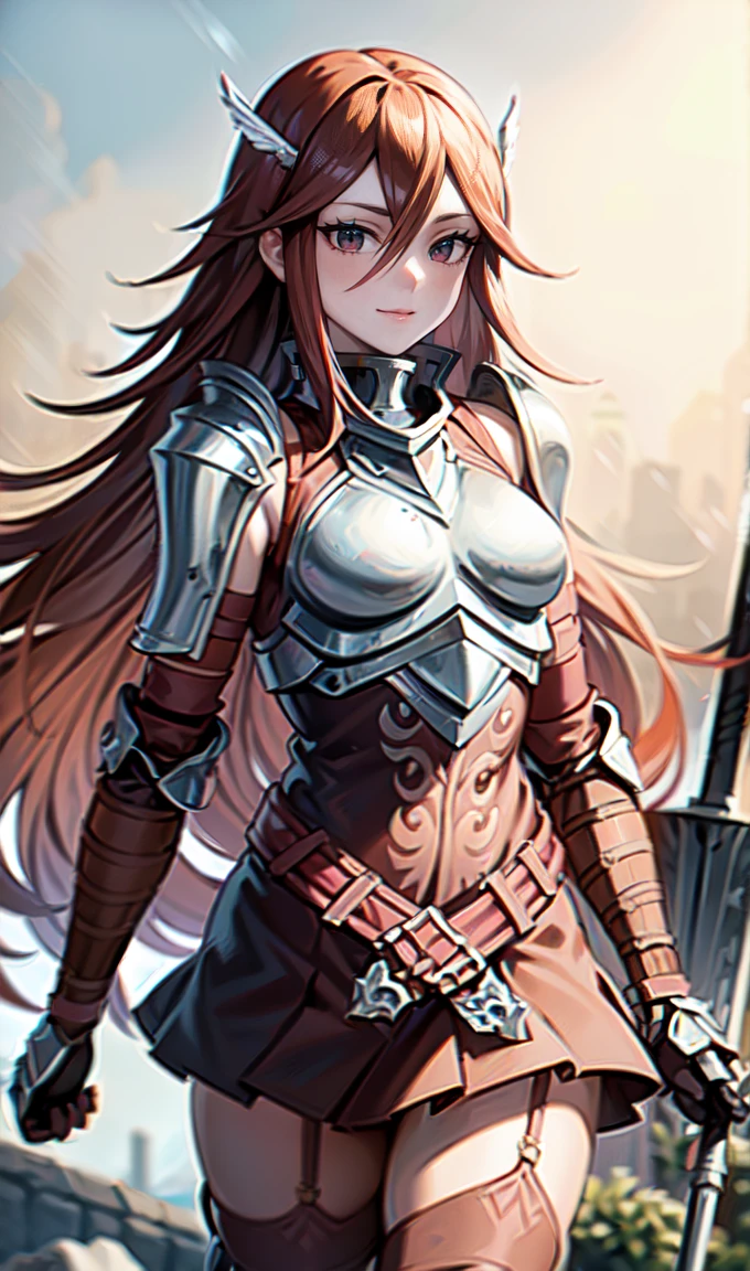 breastplate, elbow armor, both arms, two arms, perfect arms, 1girl, solo, red hair, armor, red skirt, long hair, messy hair, cordelia fe, breastplate,  arm armor, Redhead, Fire emblem, Gauntlet, belt, Garter Straps, Knee socks, thighs, japanese anime style, anime screencap, anime best girl, beautiful portrait of cute anime girls, red eyes, hair feather, smile, (((spear, grab spear, holding spear))), (((red eyes))), (((pauldrons, shoulder armor))), adult, adult face, fearless face, adult, solo, 1woman, 