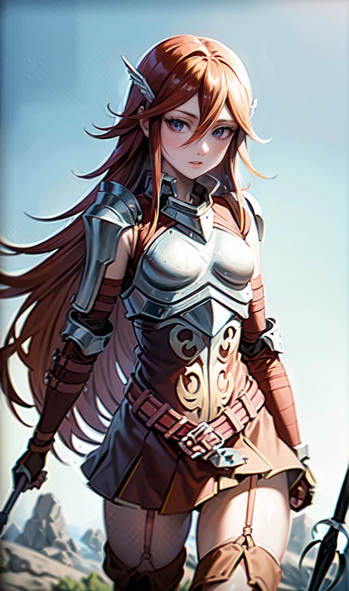 breastplate, elbow armor, both arms, two arms, perfect arms, 1girl, solo, red hair, armor, red skirt, long hair, messy hair, cordelia fe, breastplate,  arm armor, Redhead, Fire emblem, Gauntlet, belt, Garter Straps, Knee socks, thighs, japanese anime style, anime screencap, anime best girl, beautiful portrait of cute anime girls, red eyes, hair feather, smile, (((spear, grab spear, holding spear))), (((red eyes))), (((pauldrons, shoulder armor))), adult, adult face, fearless face, adult, solo, 1woman, 