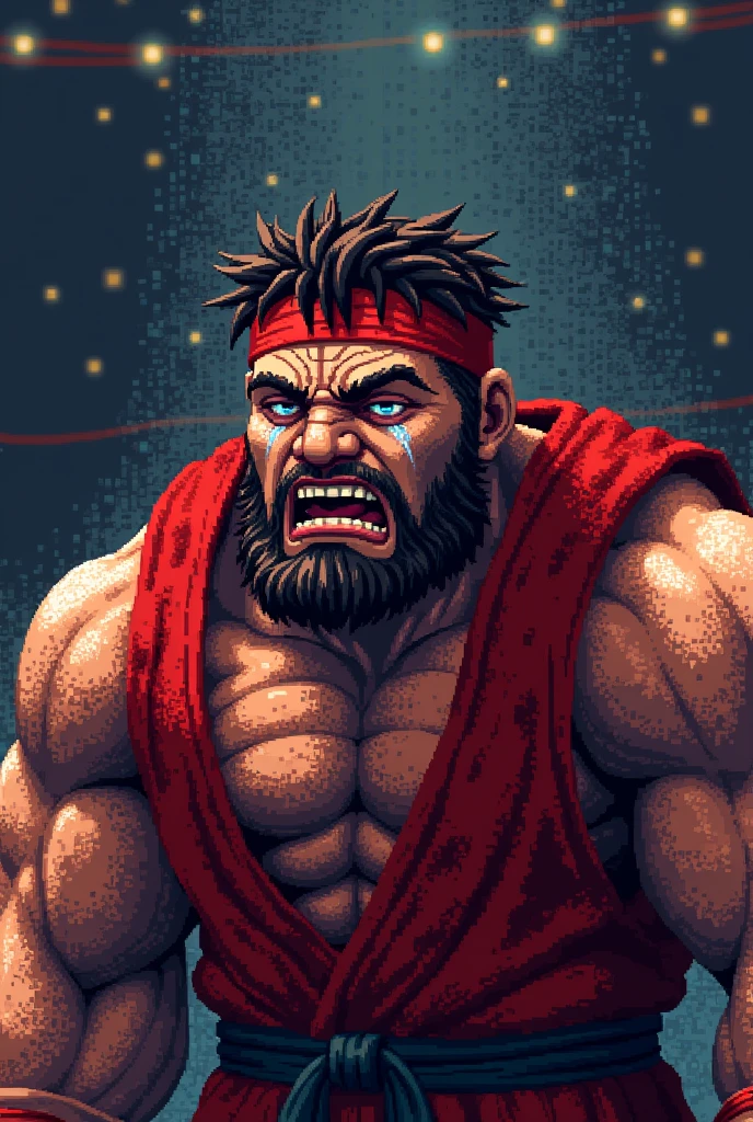 Rough pixel art, rough dot art, Zangief crying after losing, Street Fighter, mosaic effect