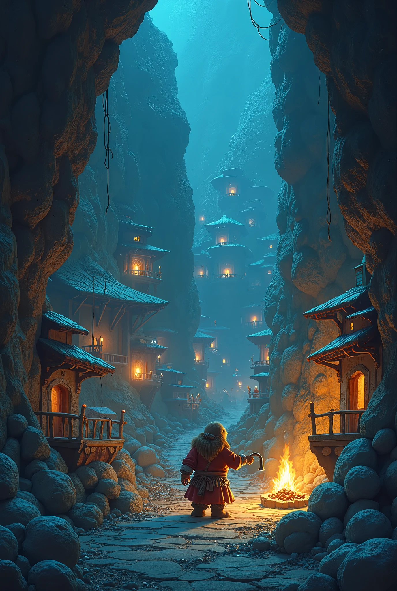 Animation, Dim, (Underground world), (In cave), (Cityscape spreading in underground), Dwarf girl, Dwarf village, Dwarf villagers, Close-up, Blacksmith, Rock wall with buried gems