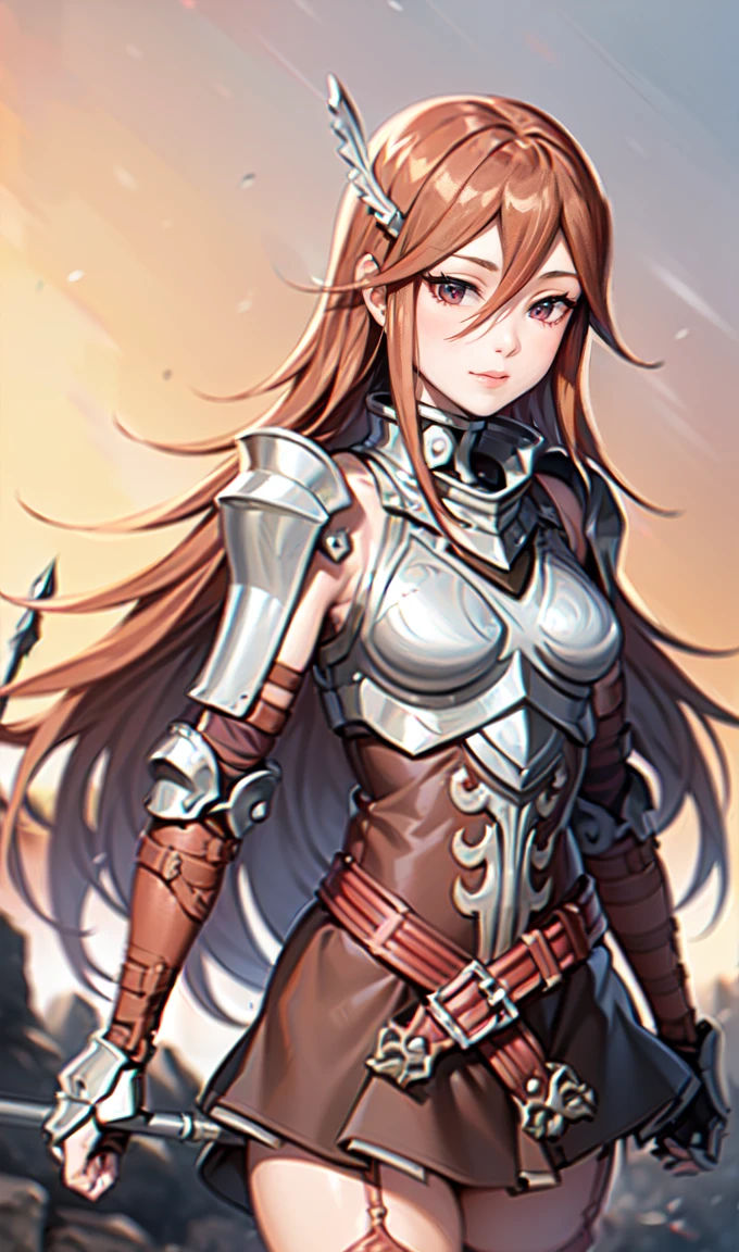 breastplate, elbow armor, both arms, two arms, perfect arms, 1girl, solo, red hair, armor, red skirt, long hair, messy hair, cordelia fe, breastplate, arm armor, Redhead, Fire emblem, Gauntlet, belt, Garter Straps, Knee socks, thighs, japanese anime style, anime screencap, anime best girl, beautiful portrait of cute anime girls, red eyes, hair feather, smile, (((spear, grab spear, holding spear, spear blade))), (((red eyes))), (((pauldrons, shoulder armor))), adult, adult face, fearless face, adult, solo, 1woman,