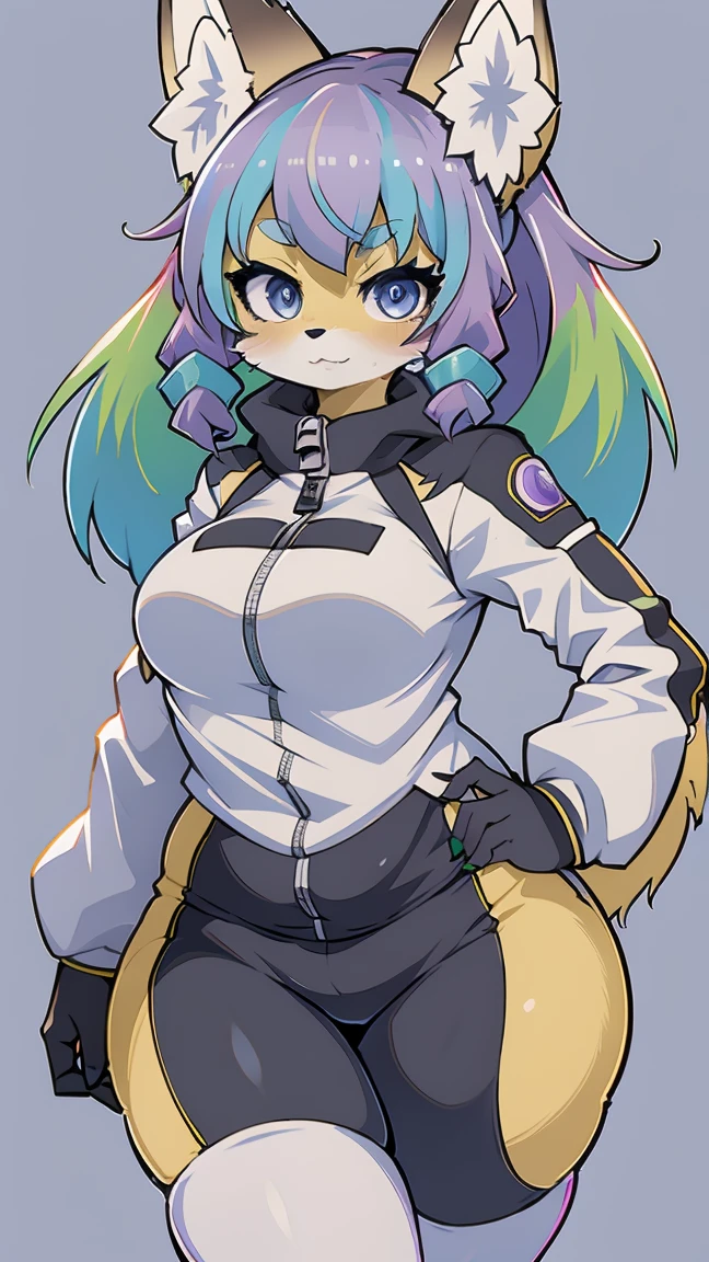 Kawaii, cute fox, (cyberpunk) | Purple hair and green highlights | blue eyes,  heterochromia | With a fluffy syrup  | (((white background))) | Gym suit   | Female and athletic body ratio |  Funny and embarrassed personality 