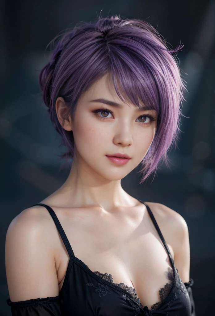 (masterpiece, best quality:1.4), (full body:1.5), (standing:1.5), (dynamic pose:1), yuzuriha_(jigokuraku), (purple hair), brown eyes, cleavage, medium breasts, topknot, ninja, open clothes, sexy smile, looking at viewer, leaning forward, beautiful face, highly detailed face, highly detailed eyes,  highly detailed skin, skin pores, subsurface scattering, realistic pupils, full face blush, full lips, detailed background, depth of field, volumetric lighting, sharp focus, absurdres, realistic proportions, good anatomy, (realistic, hyperrealistic:1.4), 16k hdr,