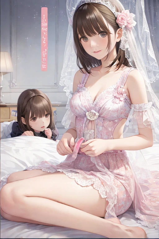 (​masterpiece、top-quality、highest details、Official art、Beautifully Aesthetic:1.2)、(2girls:1.5)、Mother３０age、My daughter is 17 years old、A highly detailed、(Fractal Art:1.1)、(see -through:1.3)、(Lingerie Dresses:1.5)、、(shinny skin)、(mekosji:1.4)、(tiarra:1.4)、Big breasts with beautiful shape、Slim waist、looking at the viewers、A detailed eye、metal ornaments、Very delicate details、Light shining on the face、(((Small microundersized tightware ((Transparent))White Bride Lingerie)))((Cameltoe)), White long socks, pale skin, Hair Ornament,(Breast milk:1.5),Pee is leaking、Detailed face and eyes,Eyes Like Gems,cry,Sexy smile showed teeth((embarrassed))、Dramatic Lighting、Holding overflowing breast milk in your hands、Daughter Pixie Cut、((No underwear)),Tongue out, cum in tongue, Crazy, Open mouth, Screaming, Ahegao, Heavy breathing, blush, Sweat,Spread your legs，A seductive smile，Kinky laughter，Obscene atmosphere、((See-through, Almost transparent handless))，sexual teasing，Sexual innuendo，((Spreading Mother's Legs)), Captivating (Smile), Happy laughter、On the church floor、((nipple shape protruding))、Camera angle from below,Gorgeous mother and daughter、Pee is leaking、Transparent panties、Wet and see-through、Squat mother only、Blonde and silver-haired mother and daughter、Mother turns her body to the viewer、blush heavily、Pee leakage leakage