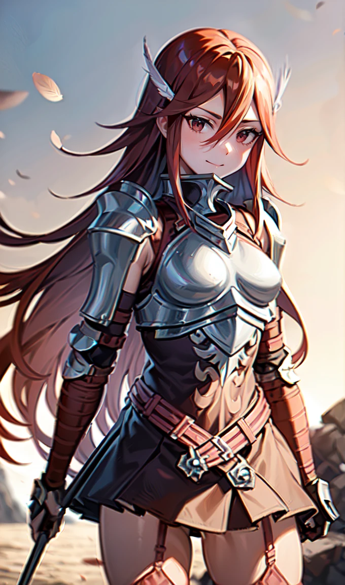 breastplate, elbow armor, both arms, two arms, perfect arms, 1girl, solo, red hair, armor, red skirt, long hair, messy hair, cordelia fe, breastplate, arm armor, Redhead, Fire emblem, Gauntlet, belt, Garter Straps, Knee socks, thighs, japanese anime style, anime screencap, anime best girl, beautiful portrait of cute anime girls, red eyes, (((hair feather))), smile, (((spear, grab spear, holding spear, spear blade))), (((red eyes))), (((pauldrons, shoulder armor))), adult, adult face, fearless face, adult, solo, 1woman,