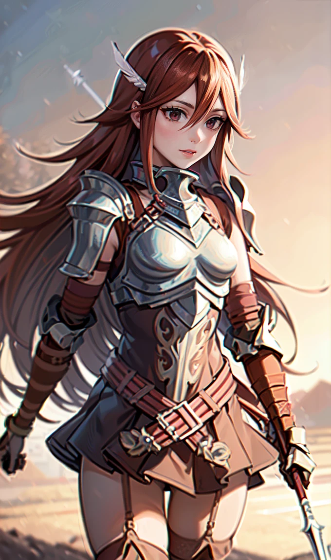 breastplate, elbow armor, both arms, two arms, perfect arms, 1girl, solo, red hair, armor, red skirt, long hair, messy hair, cordelia fe, breastplate, arm armor, Redhead, Fire emblem, Gauntlet, belt, Garter Straps, Knee socks, thighs, japanese anime style, anime screencap, anime best girl, beautiful portrait of cute anime girls, red eyes, (((hair feather))), smile, (((spear, grab spear, holding spear, spear blade))), (((red eyes))), (((pauldrons, shoulder armor))), adult, adult face, fearless face, adult, solo, 1woman,