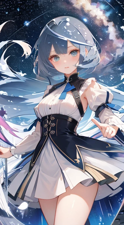 1girl in、White hair、Blue eyes、Galaxy、