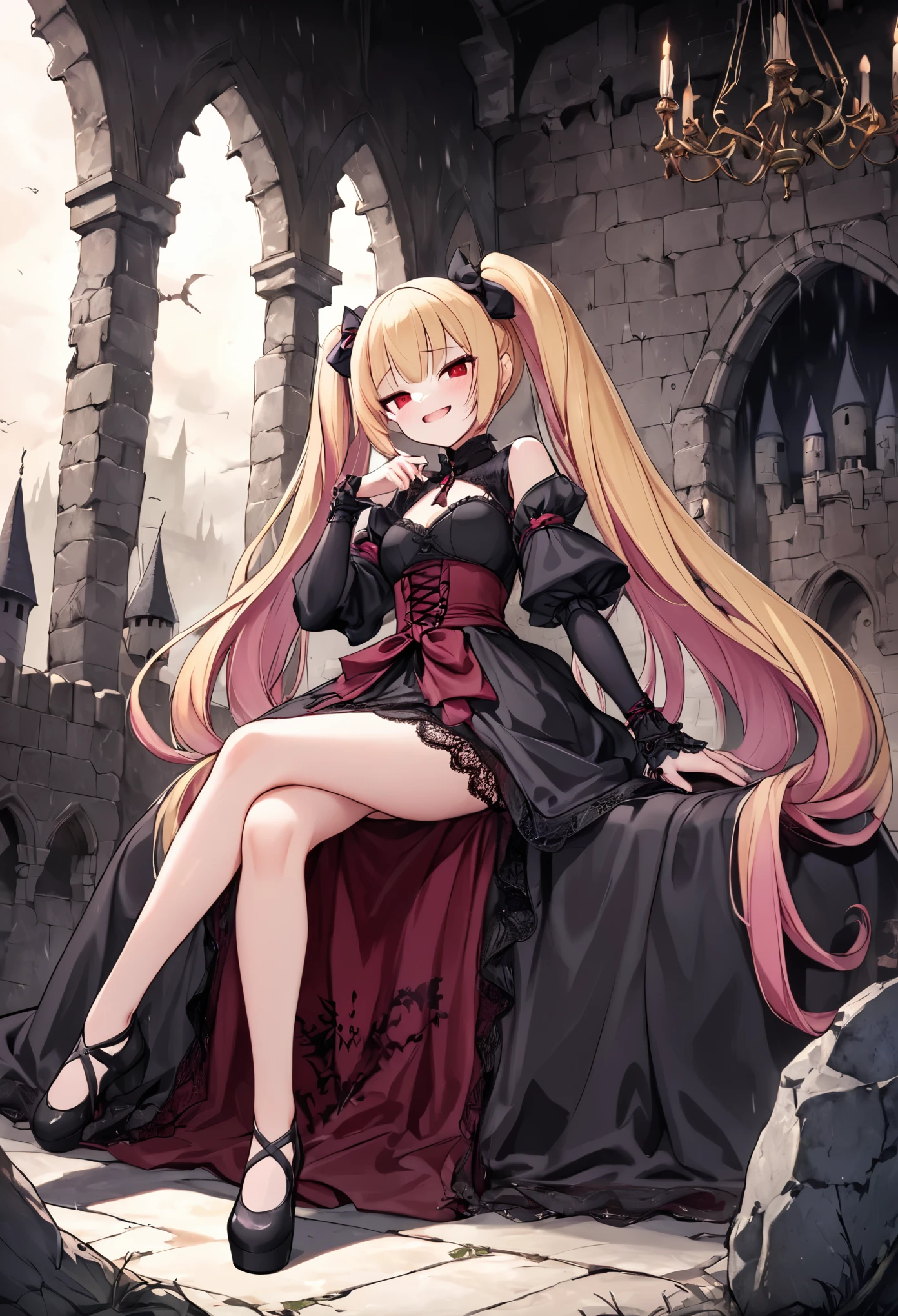 A girl dressed in **Jiraikei** fashion sits atop a grand, medieval bed in a dimly lit, ominous castle. Her legs are crossed confidently, and she wears a dark lace dress adorned with pastel pink accents. Her blonde twin tails tied with black ribbons gently fall over her shoulders as she looks down at the viewer with a smug, superior expression, her red eyes glowing in the gloom. The bed is ornately carved from dark wood, with velvet drapes framing it. The stone walls of the castle are adorned with faded tapestries, and the distant sound of thunder echoes through the grand hall. Shadows twist and dance across the room, giving an overwhelming sense of dread. This **full body, wide shot** captures the full scene of her relaxed posture against the backdrop of a decaying yet majestic medieval setting. **Jiraikei, full body, wide shot, dark medieval castle, foreboding atmosphere, crossed legs**.