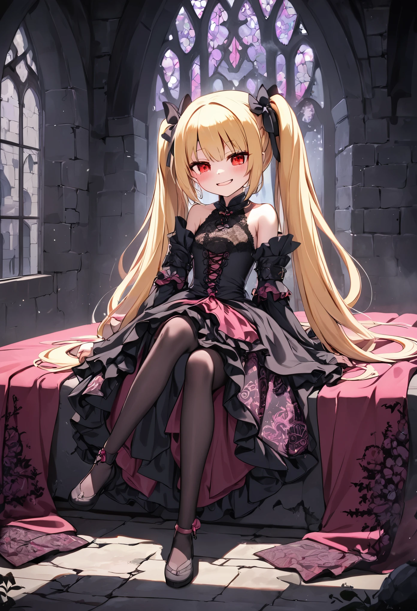 A girl dressed in **Jiraikei** fashion sits atop a grand, medieval bed in a dimly lit, ominous castle. Her legs are crossed confidently, and she wears a dark lace dress adorned with pastel pink accents. Her blonde twin tails tied with black ribbons gently fall over her shoulders as she looks down at the viewer with a smug, superior expression, her red eyes glowing in the gloom. The bed is ornately carved from dark wood, with velvet drapes framing it. The stone walls of the castle are adorned with faded tapestries, and the distant sound of thunder echoes through the grand hall. Shadows twist and dance across the room, giving an overwhelming sense of dread. This **full body, wide shot** captures the full scene of her relaxed posture against the backdrop of a decaying yet majestic medieval setting. **Jiraikei, full body, wide shot, dark medieval castle, foreboding atmosphere, crossed legs**.