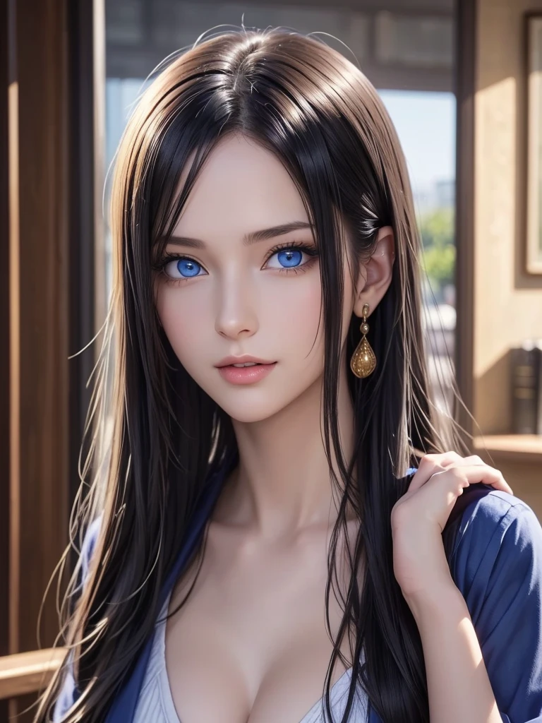 (8k、Original photo、Best Quality、masterpiece:1.2)、(Realistic、Realistic:1.37)、Super detailed、  Super A High Resolution 、1 girl、(Beautiful Detailed Face Gaze Poses 、Golden ratio face、Balanced Eyes、Double Eyelid、Lip gloss)、  Beautifully Detailed Skins 、 skin texture、 Professional Writing、( very pretty girl)、Happy smile、View Photographers、Shiny white skin、( Attractive Light Natural Platinum Brown Silky Hair 1.5)、Eyeliner、(((blue eyes)))、 office lady 