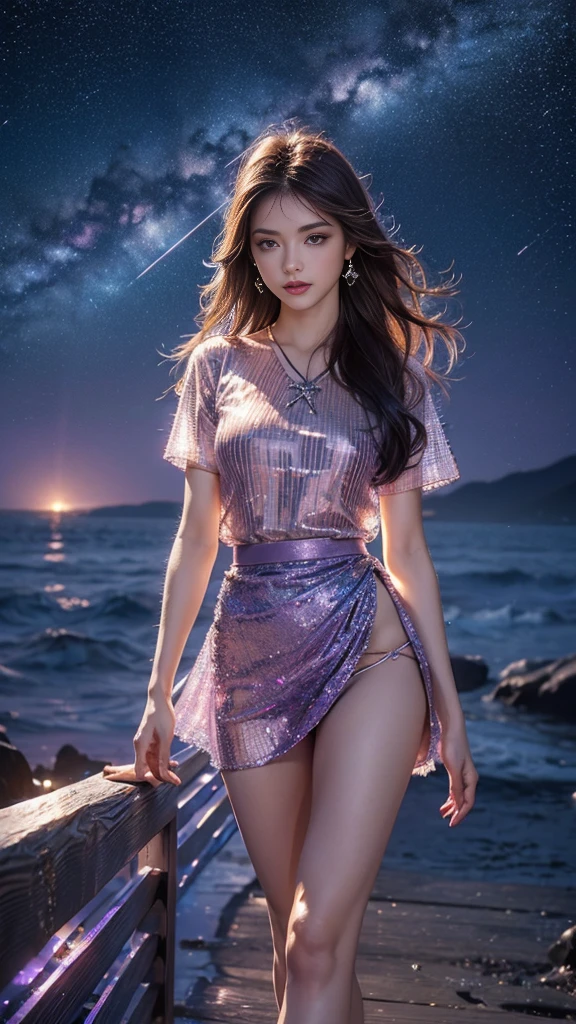8k, masterpiece, RAW Photos, highest quality, Realistic, Very detailed, Depth of written boundary, Cinematic Light, Anatomically correct body,
One beautiful 40 year old woman, (Very beautiful face:1.3), (Exquisitely detailed face:1.3), (A seductive face:1.2), (Very delicate skin texture:1.3), Transparent muscle, Shiny white skin, Glamorous Body,
(Wavy black long hair:1.2), (Sexy Breasts:1.1), (Sexy ass:1.1),
(Summer Beach Dress:1.4), (Detailed cloth texture:1.2), (Gorgeous necklace:1.1), (Gorgeous earrings:1.1),
(Dark starry background:1.4), (Milky Way:1.1), (milky way:1.1), (shooting star:1.1), (Dark coastline at night:1.4), (Pitch black sea surface:1.4),
(Standing on the beach:1.2),