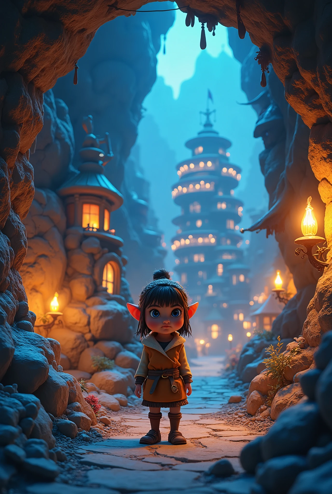 Animation, Dim, (Underground world), (In cave), (Cityscape spreading in subterranean), Dwarf girl, Dwarf village, close-up, rock wall with buried gems