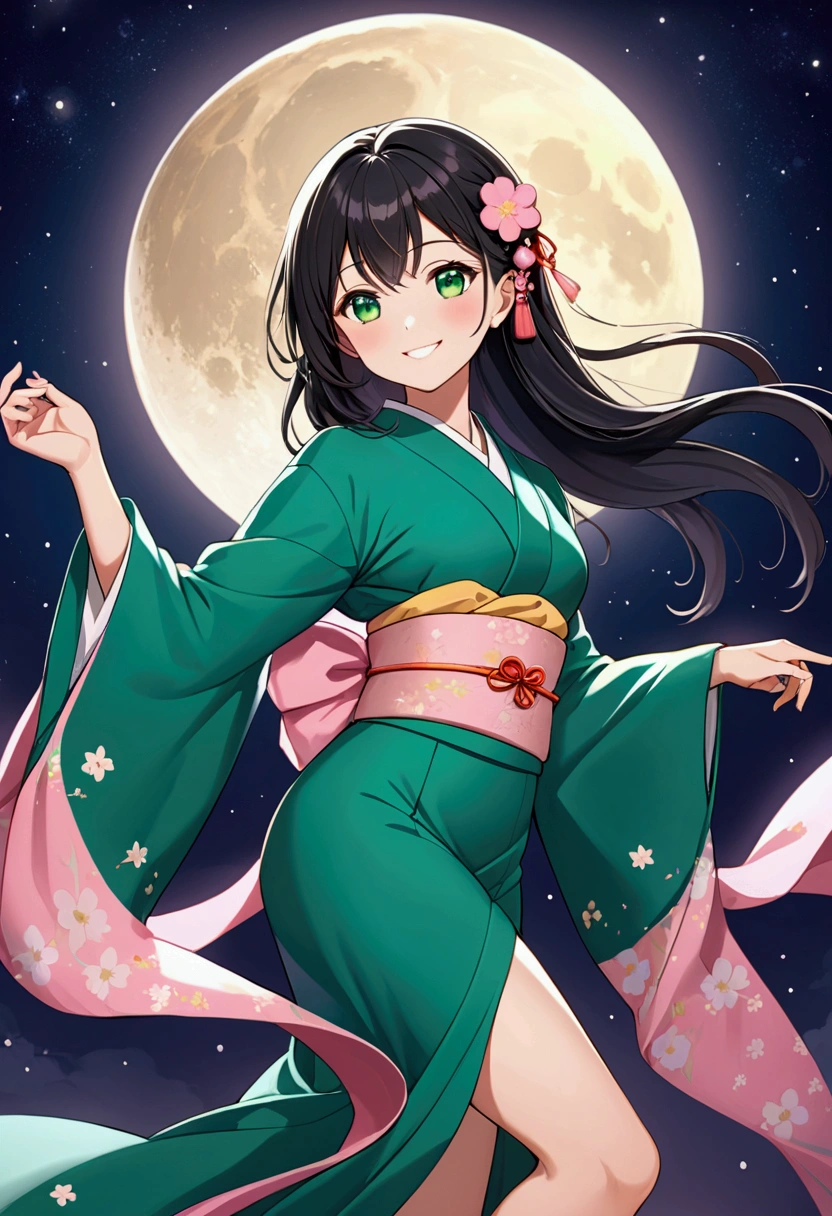 Best Quality,8k,Masterpiece:1.3, Japanese anime style,people々girl,1 person,1 personで,Petite,Glamorous Body,curve,cute,Grin,Beautiful long black hair, beautiful emerald green eyes , wear a kimono made of pink fabric,Dancing in the moonlight ,The background is a big full moon and stars 々,