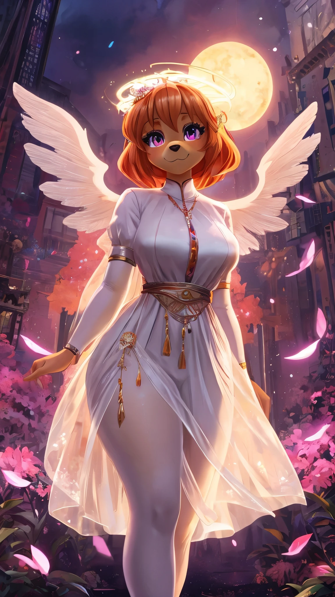 Skye from Paw Patrol, anthro, female cockapoo, mature adult, orange hair, magenta eyes, thicc thighs, angel, angel halo, angel wings, standing, detailed, solo, beautiful, high quality,Blue Archive, anime, 4K