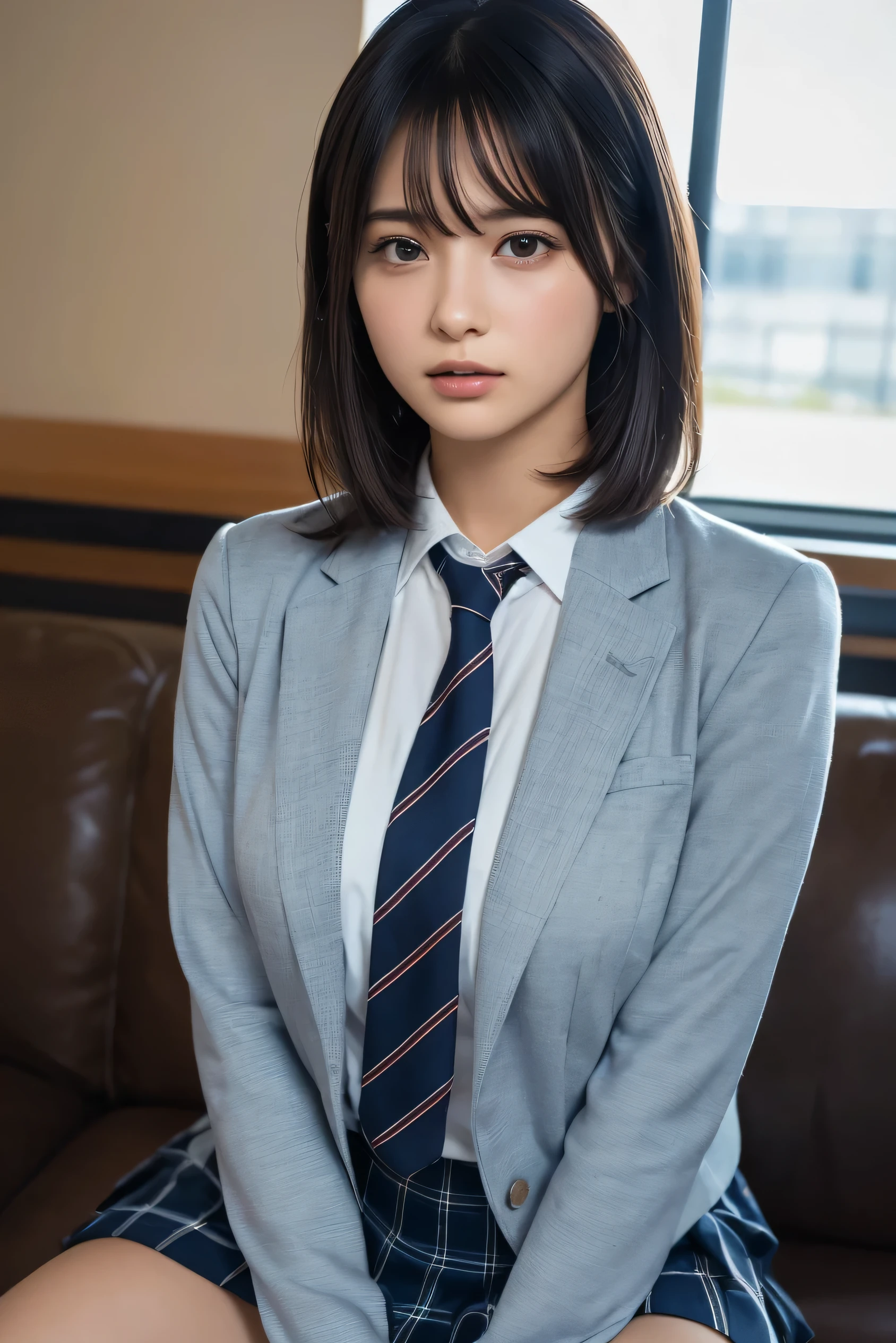neckless,ring,((small breast)),realistic,(ultra quality:1.2),50yo japanese,high quality,masterpiece,(ultra detailed:1.4),japanese lady,beautiful eye,beautiful face,(realistic bra:1.5),((living room)),(slender:1.3),highres,make up,(skirt suit:1.3),real background,