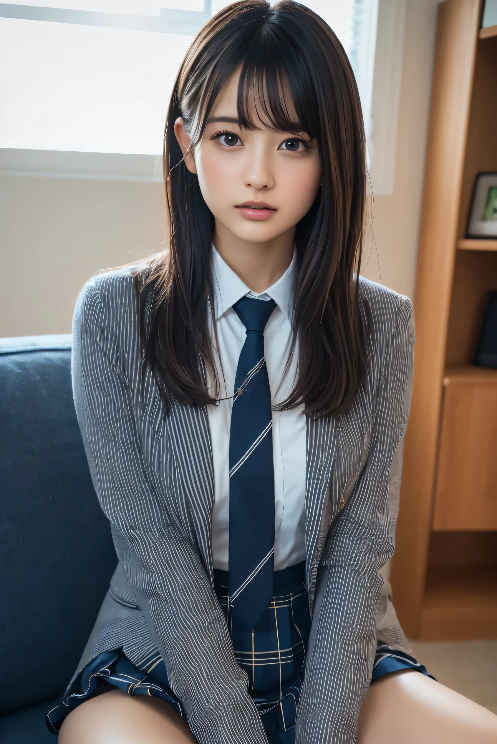 (8k, RAW Photos,Best Quality,  High Resolution :1.1), (超Realisticな:1.4),(Realistic, Realistic:1.3),Japanese beauty 1 girl, Alone, necktie, spread legs, skirt, sitting, school uniform, looking at viewer,  plaid, presenting, brown eyes, jacket, socks, striped, couch, striped necktie, shirt, skirt lift, lips, blue necktie, black hair, plaid skirt, clothes lift, white shirt, collared shirt, blazer, long sleeves, indoors, bangs, is, closed mouth, thighs, nose, blue jacket, brown hair, pleated skirt, blue skirt、(( upper body:1.3))