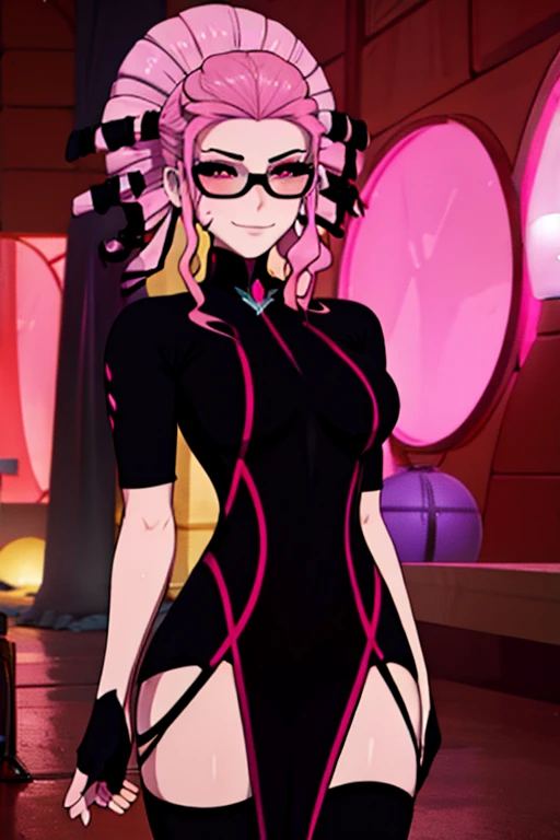 female, pink short hair, red eyes, black ears, pink cat tails, (((1girl))), (((pink and black minidress with cat face on chest))), (black fingerless gloves),  (black thigh high socks), (pink hoodie), (glasses), cute and sexy, full body, big breasts, long legs, smiling