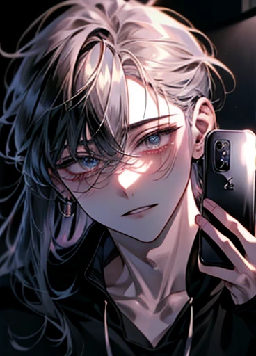 {room}、dark、dark、{Madness}、    long bangs、、{  yandere}、歪んだsmile、{male}、 High image quality 、、しっかりしたeye 、 Above the upper body  、{smile}、{eye}、Black hoodie、Black Hair、Earphones、Smartphone in one hand、{Depression}、Back Alley、Crazy、{ yandere}、bondage、daily、{adult}、{ yandere}、Introvert、Back Alley、About、{male}{male、aldult}、{Face close-up}、{切れ長のeye}{adult}、dark、、Long Hair