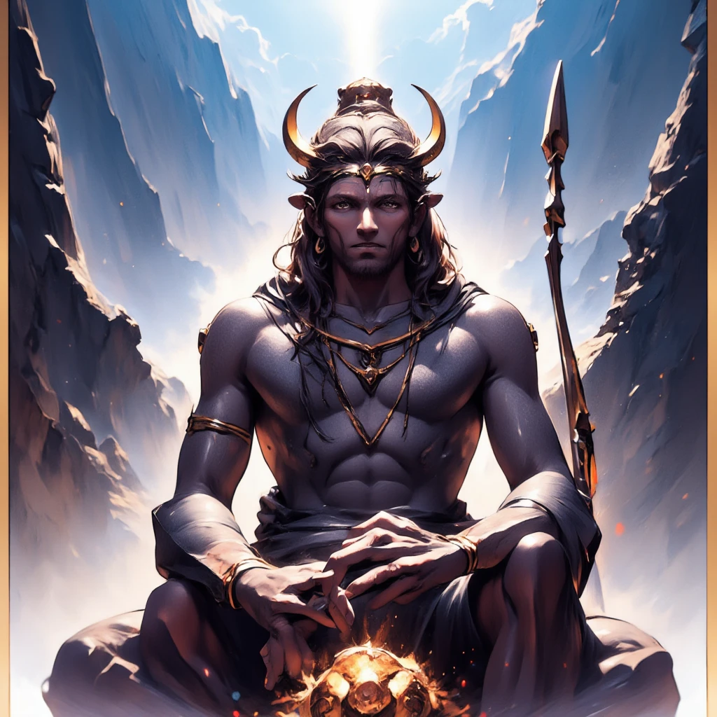 A powerful and serene depiction of Lord Shiva seated beside his loyal bull, Nandi, in a tranquil mountainous landscape.

Lighting: The scene is bathed in soft, natural light, enhancing the divine aura surrounding Shiva and creating gentle shadows that highlight the contours of the figures.

Visual Style: The artwork is a high-resolution digital painting, featuring rich colors and intricate details that evoke a sense of spirituality.

Character Details: Shiva has ash-covered skin and matted hair, adorned with a snake around his neck and a crescent moon in his hair. He wears a tiger skin draped around his waist and holds a trident (trishul) and a damaru, emanating calm and divine authority.

Background Elements: Towering mountains stand majestically in the backdrop, under a clear blue sky. The sacred Ganges river flows gracefully in the distance, adding to the tranquil ambiance.

Additional Details: Nandi, the strong white bull, sits devotedly beside Shiva, gazing up at him with reverence, symbolizing the deep bond between the god and his faithful companion, radiating spirituality throughout the scene.