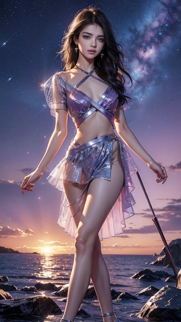 masterpiece, Highest quality, 8K, High resolution, Beautiful and exquisite details, Cute girl character、Describes a scene with grassy butterflies lying on the water flying around, Look up at the starry sky. Surround her with colorful nebulae and her favorite constellations., Sparkling eyes, Bright rosy lips, A kind smile, Octane