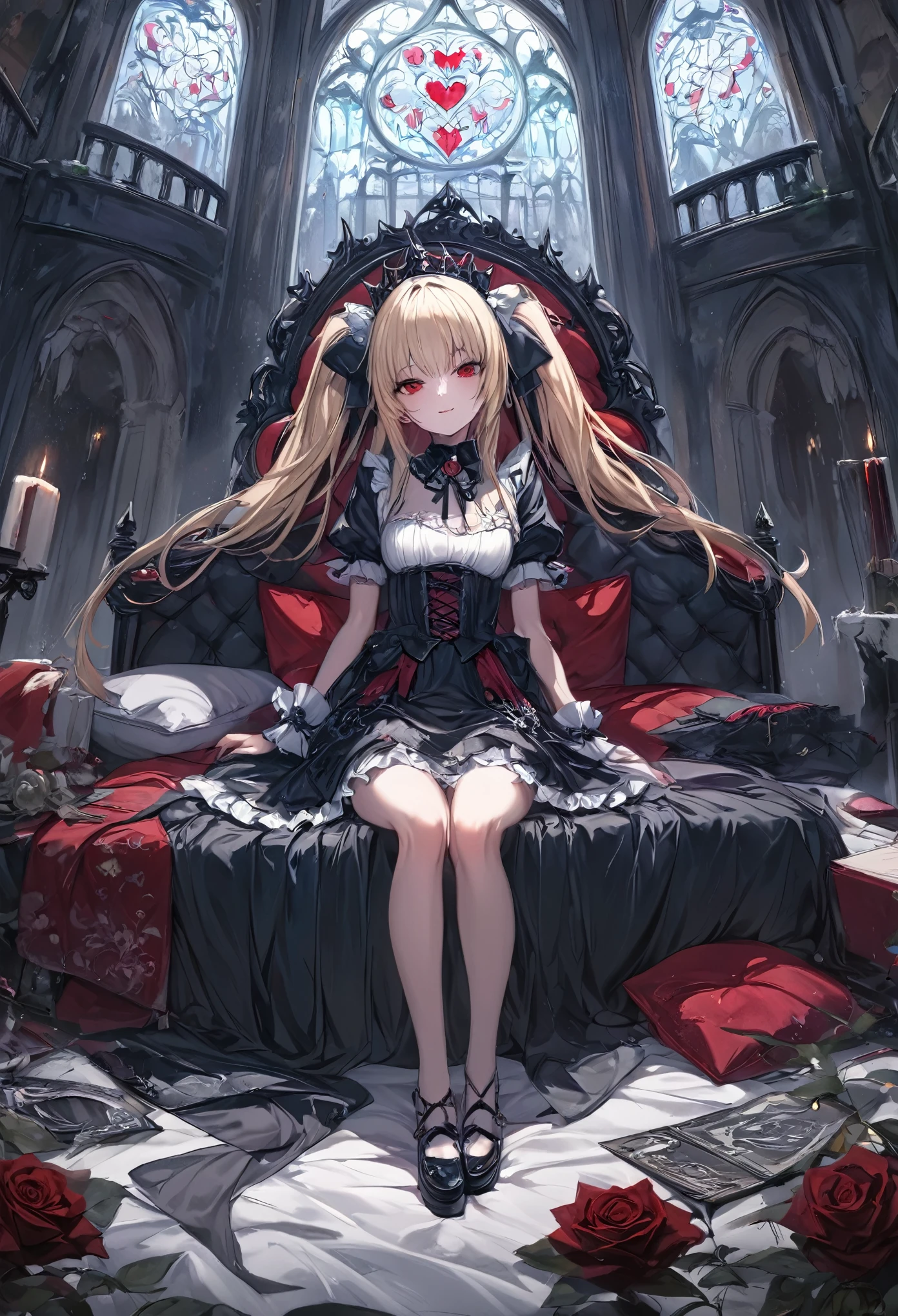 masterpiece, best quality, 8k, highres, ultra-detailed,HDR, UHD, studio lighting, ultra-fine painting,physically-based rendering, extreme detail description, professional, A young girl dressed in **Jirai kei** fashion sits confidently on a grand, medieval bed, mesugaki,her legs elegantly crossed, exuding an aura of cold arrogance. Her blonde twin tails, tied with black ribbons, cascade over her shoulders as her red eyes gleam with a cruel, mocking smile. She stares down at the viewer with a sharp, piercing gaze, full of disdain and cruelty. This girl is no ordinary figure; she is a ruthless, tyrannical ruler, delighting in the suffering of others. soul knight,The dark, cold stone walls of the grand castle loom around her, adorned with faded banners, scary,as flickering torchlight casts sinister shadows. The luxurious bed is draped in velvet, but the coldness of her heart chills the entire room. The oppressive atmosphere of the gothic castle enhances the sense of dread, reflecting the merciless rule she imposes. The **full body, wide shot** captures her entire figure sitting regally on the bed, surrounded by the ominous and decaying grandeur of the castle. **Jiraikei, full body, wide shot, medieval dark fantasy, cold-hearted ruler, ruthless, gothic castle interior**