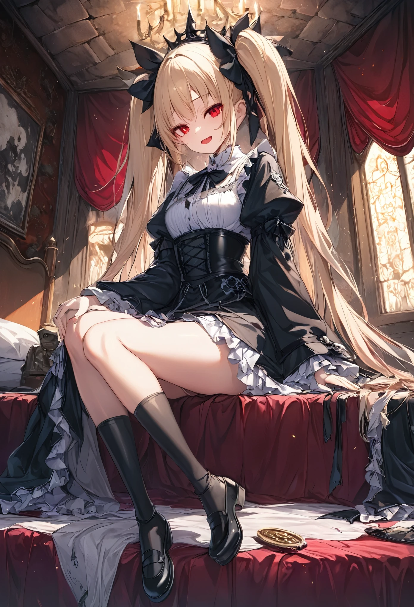 masterpiece, best quality, 8k, highres, ultra-detailed,HDR, UHD, studio lighting, ultra-fine painting,physically-based rendering, extreme detail description, professional, A young girl dressed in **Jirai kei** fashion sits confidently on a grand, medieval bed, mesugaki,her legs elegantly crossed, exuding an aura of cold arrogance. Her blonde twin tails, tied with black ribbons, cascade over her shoulders as her red eyes gleam with a cruel, mocking smile. She stares down at the viewer with a sharp, piercing gaze, full of disdain and cruelty. This girl is no ordinary figure; she is a ruthless, tyrannical ruler, delighting in the suffering of others. soul knight,The dark, cold stone walls of the grand castle loom around her, adorned with faded banners, scary,as flickering torchlight casts sinister shadows. The luxurious bed is draped in velvet, but the coldness of her heart chills the entire room. The oppressive atmosphere of the gothic castle enhances the sense of dread, reflecting the merciless rule she imposes. The **full body, wide shot** captures her entire figure sitting regally on the bed, surrounded by the ominous and decaying grandeur of the castle. **Jiraikei, full body, wide shot, medieval dark fantasy, cold-hearted ruler, ruthless, gothic castle interior**