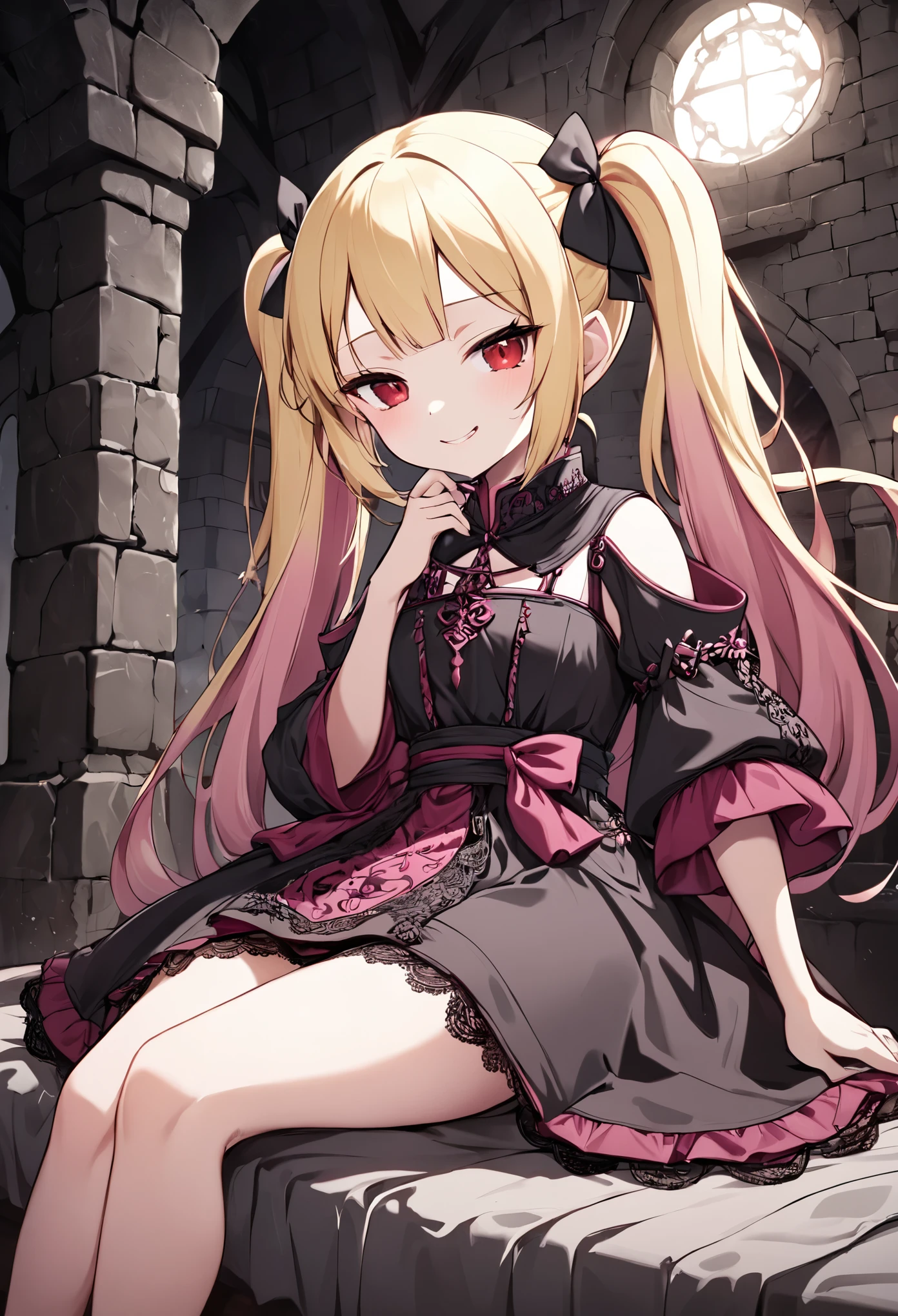 A girl dressed in **Jiraikei** fashion sits atop a grand, medieval bed in a dimly lit, ominous castle. Her legs are crossed confidently, and she wears a dark lace dress adorned with pastel pink accents. Her blonde twin tails tied with black ribbons gently fall over her shoulders as she looks down at the viewer with a smug, superior expression, her red eyes glowing in the gloom. The bed is ornately carved from dark wood, with velvet drapes framing it. The stone walls of the castle are adorned with faded tapestries, and the distant sound of thunder echoes through the grand hall. Shadows twist and dance across the room, giving an overwhelming sense of dread. This **full body, wide shot** captures the full scene of her relaxed posture against the backdrop of a decaying yet majestic medieval setting. **Jiraikei, full body, wide shot, dark medieval castle, foreboding atmosphere, crossed legs**.