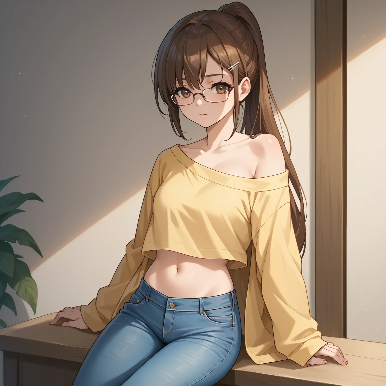 score_9, score_8_up, score_7_up, score_6_up, score_5_up, score_4_up,  1 girl,   Brown Eyes , Brown Hair,  very long hair, Glasses,  yellow shirt, Off the shoulder, Hair Clip, jeans, ponytail, navel, break 、 pretty sister, masterpiece, best quality, 8k, hyperrealistic, extremely detailed, anatomically accurate, highly detailed skin