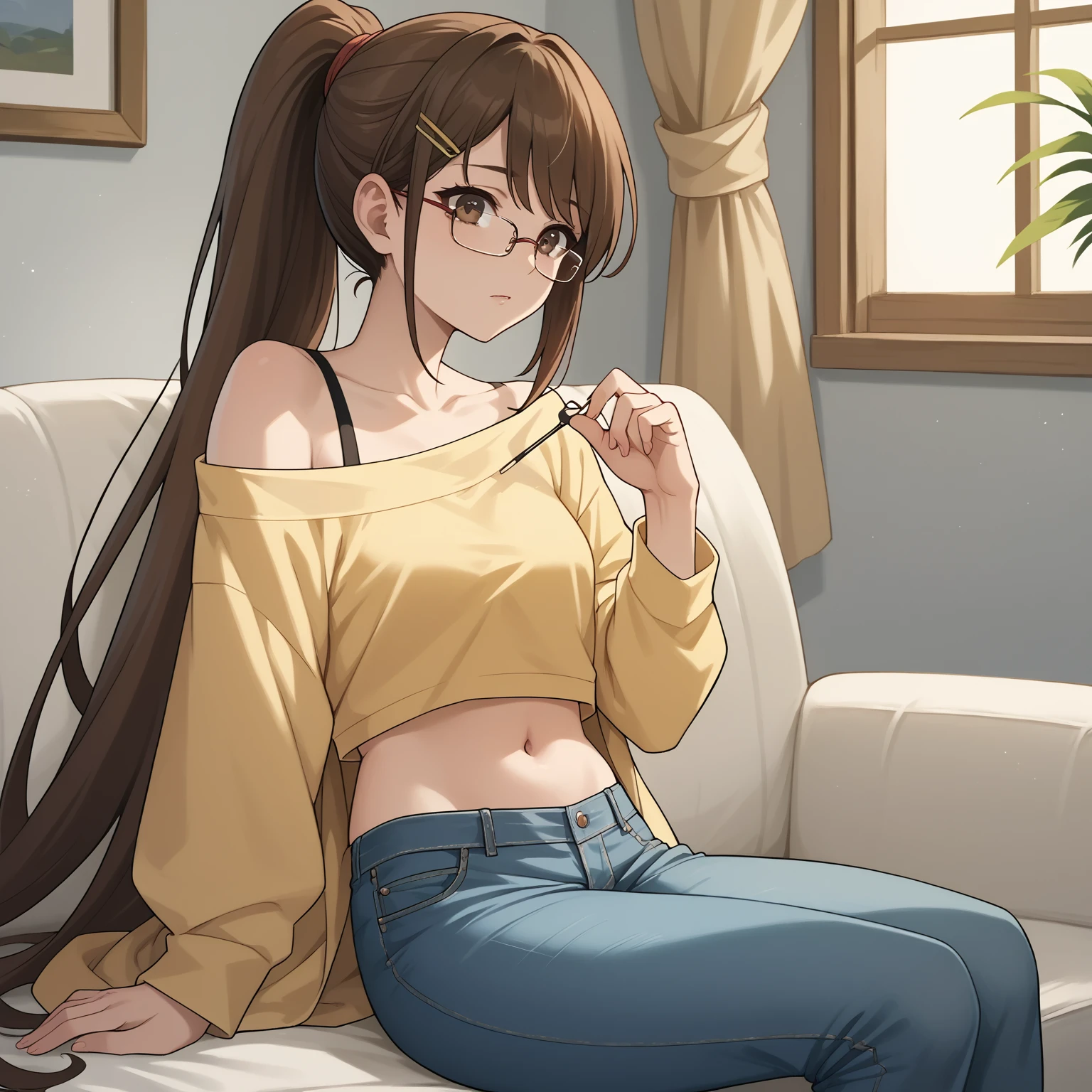 score_9, score_8_up, score_7_up, score_6_up, score_5_up, score_4_up,  1 girl,   Brown Eyes , Brown Hair,  very long hair, Glasses,  yellow shirt, Off the shoulder, Hair Clip, jeans, ponytail, navel, break 、 pretty sister, masterpiece, best quality, 8k, hyperrealistic, extremely detailed, anatomically accurate, highly detailed skin