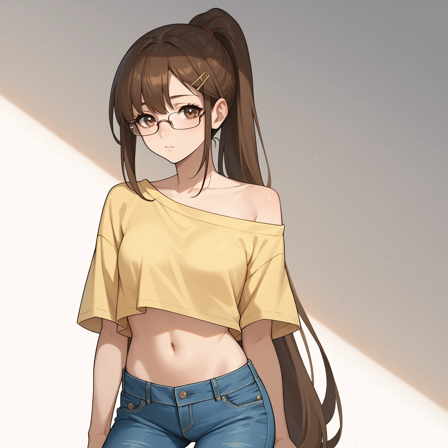 score_9, score_8_up, score_7_up, score_6_up, score_5_up, score_4_up,  1 girl,   Brown Eyes , Brown Hair,  very long hair, Glasses,  yellow shirt, Off the shoulder, Hair Clip, jeans, ponytail, navel, break 、 pretty sister, masterpiece, best quality, 8k, hyperrealistic, extremely detailed, anatomically accurate, highly detailed skin