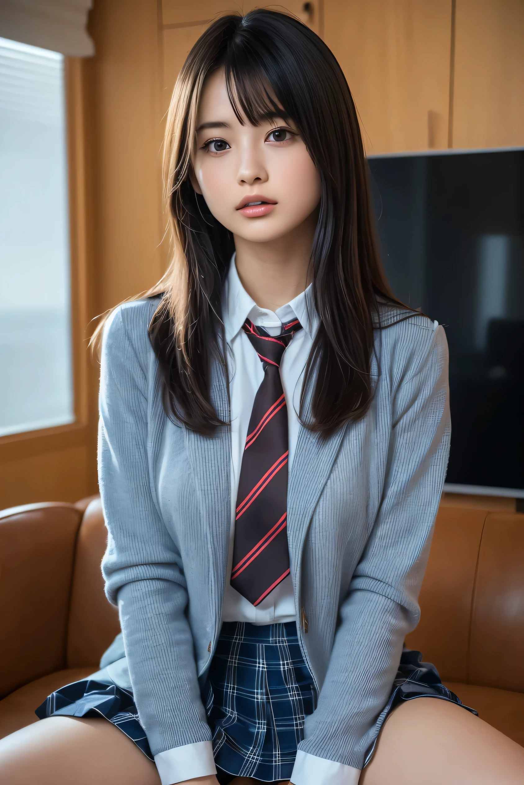 (8k, RAW Photos,Best Quality,  High Resolution :1.1), (超Realisticな:1.4),(Realistic, Realistic:1.3),Japanese beauty 1 girl, Alone, necktie, spread legs, skirt, sitting, school uniform, looking at viewer,  plaid, presenting, brown eyes, jacket, socks, striped, couch, striped necktie, shirt, skirt lift, lips, blue necktie, black hair, plaid skirt, clothes lift, white shirt, collared shirt, blazer, long sleeves, indoors, bangs, is, closed mouth, thighs, nose, blue jacket, brown hair, pleated skirt, blue skirt、(( upper body:1.3))