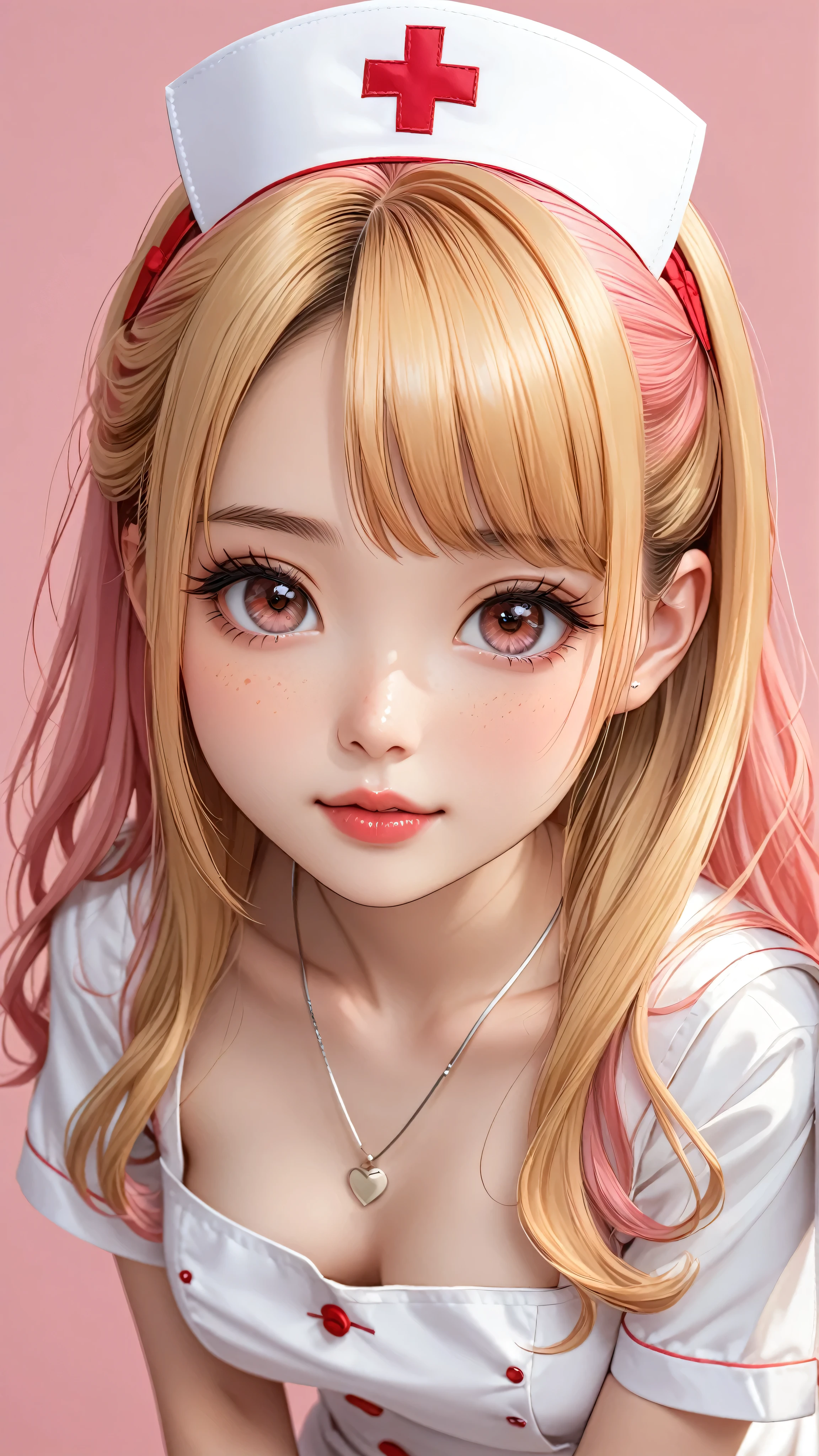 1 very young japanese girl, pink hair, blonde hair, freckled face, length hair, blushing, Shy, Red lips, pale face, close up shot, Sweet, femboy, ((tiny breasts)), ((best quality)), ((masterpiece)), (detailed), vintage, elegant, chic, sophisticated, big expressive eyes, ulzzang, high school girl、Slender、Slender body、asian high school girl, solid pink background, heavy blushing, submissive, sexy pose,  nurse uniform, slender legs, thigh highs, skinny
