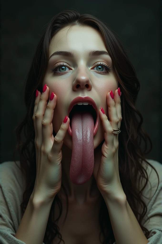 naked woman covers her breasts with her hands and looks at the camera in horror, There is a fright on her face
