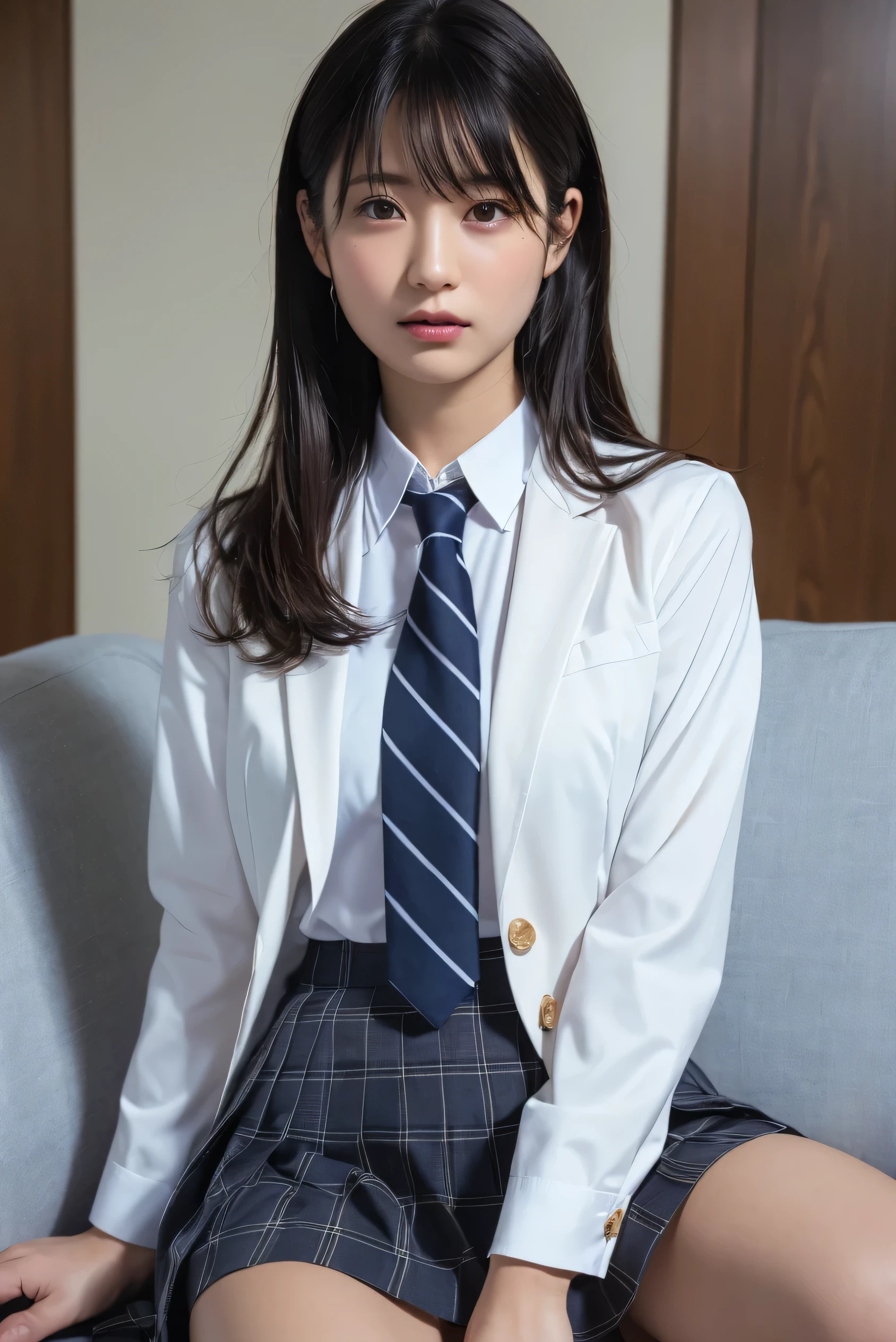 (​masterpiece,top-quality,超A high resolution),A Japanese Lady, (((Very beautiful  girl))), Kawaii Girl、View photographer､Front view, ((Bob Hair,Hair Band)), hyper cute face、masutepiece, Best Quality, Illustration, Ultra-detailed, finely detail, hight resolution, 8K, Perfect dynamic composition, Beautiful detailed eyes,Natural makeup, long eyelashes、 Glossy and smooth hair quality､ Perfect limbs, (((School Uniforms))),School route